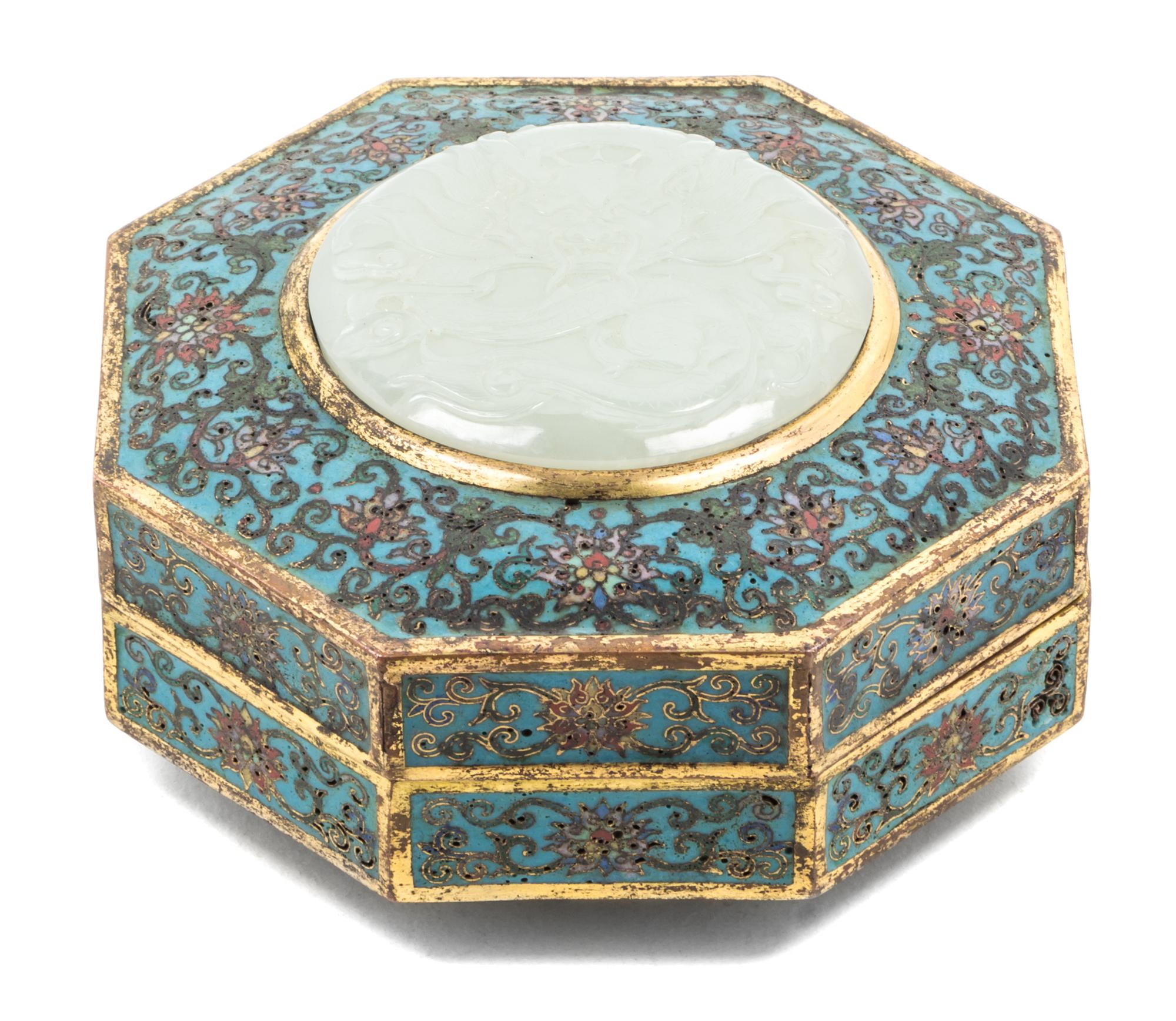 A Jade Inset Cloisonne Enamel Box and Cover Height 2 1/2 x width 4 3/4 inches.