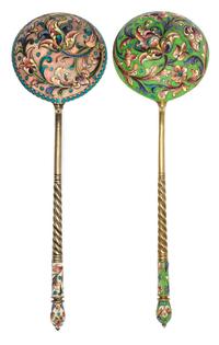Two Russian Silver and Enamel Spoons, Mark of Gustav Klingert, kokoshnik mark of Ivan Lebedkin, Moscow, late 19th/early 20th century, e