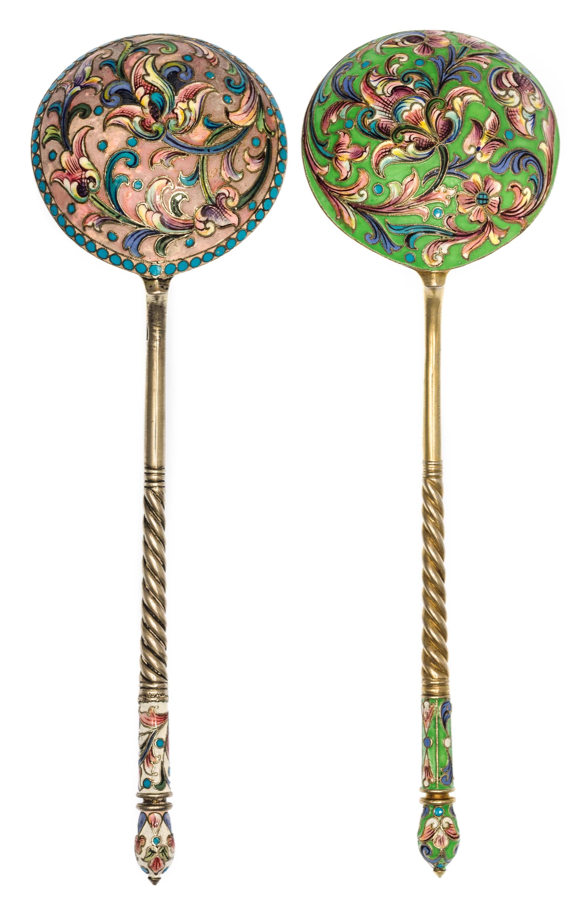 Two Russian Silver and Enamel Spoons, Mark of Gustav Klingert, kokoshnik mark of Ivan Lebedkin, Moscow, late 19th/early 20th century, e