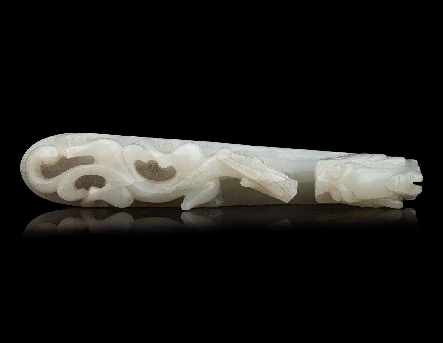 Two Chinese Carved Celadon Jade 'Chilong' Belt Hooks