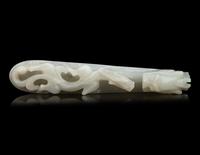 Two Chinese Carved Celadon Jade 'Chilong' Belt Hooks
