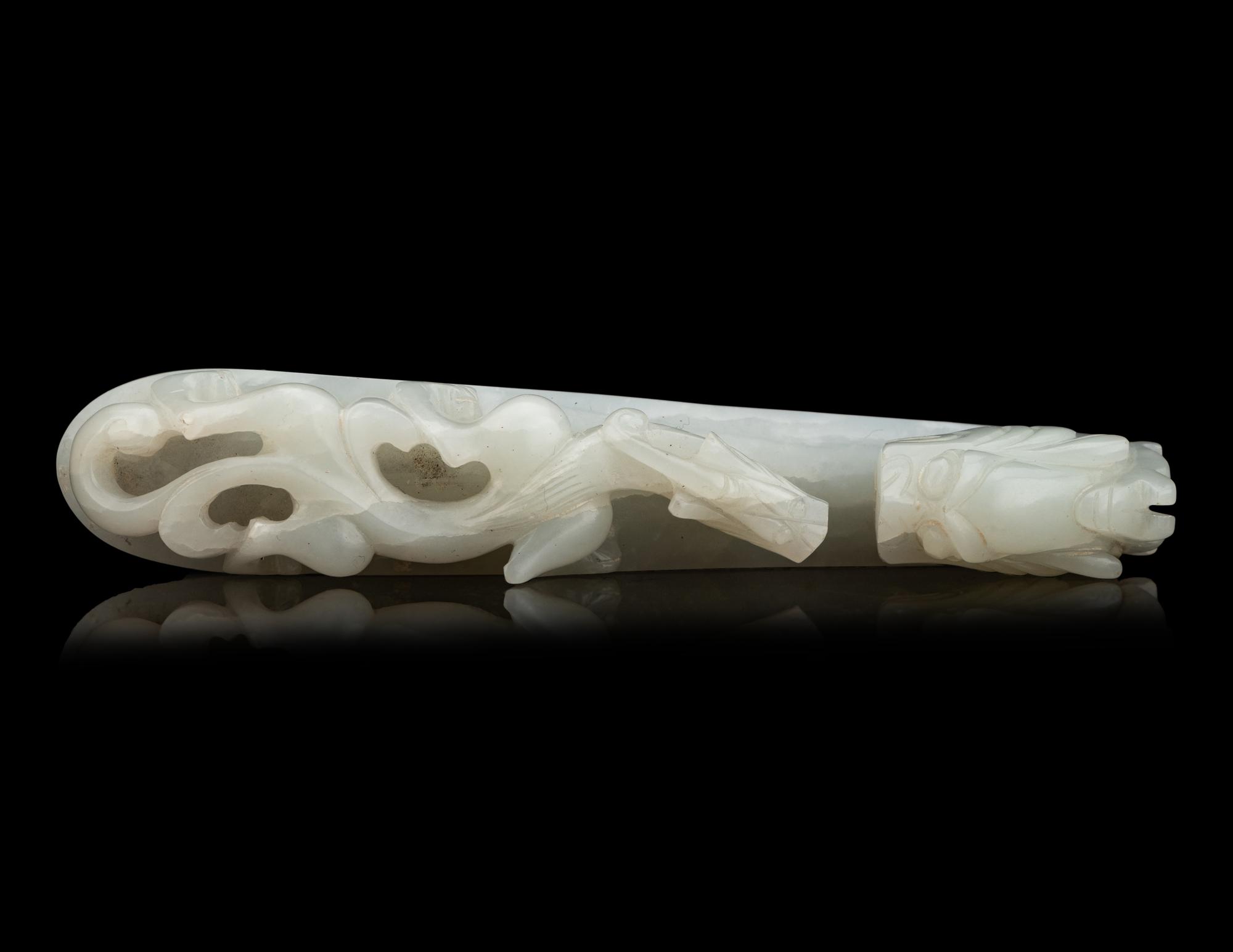 Two Chinese Carved Celadon Jade 'Chilong' Belt Hooks