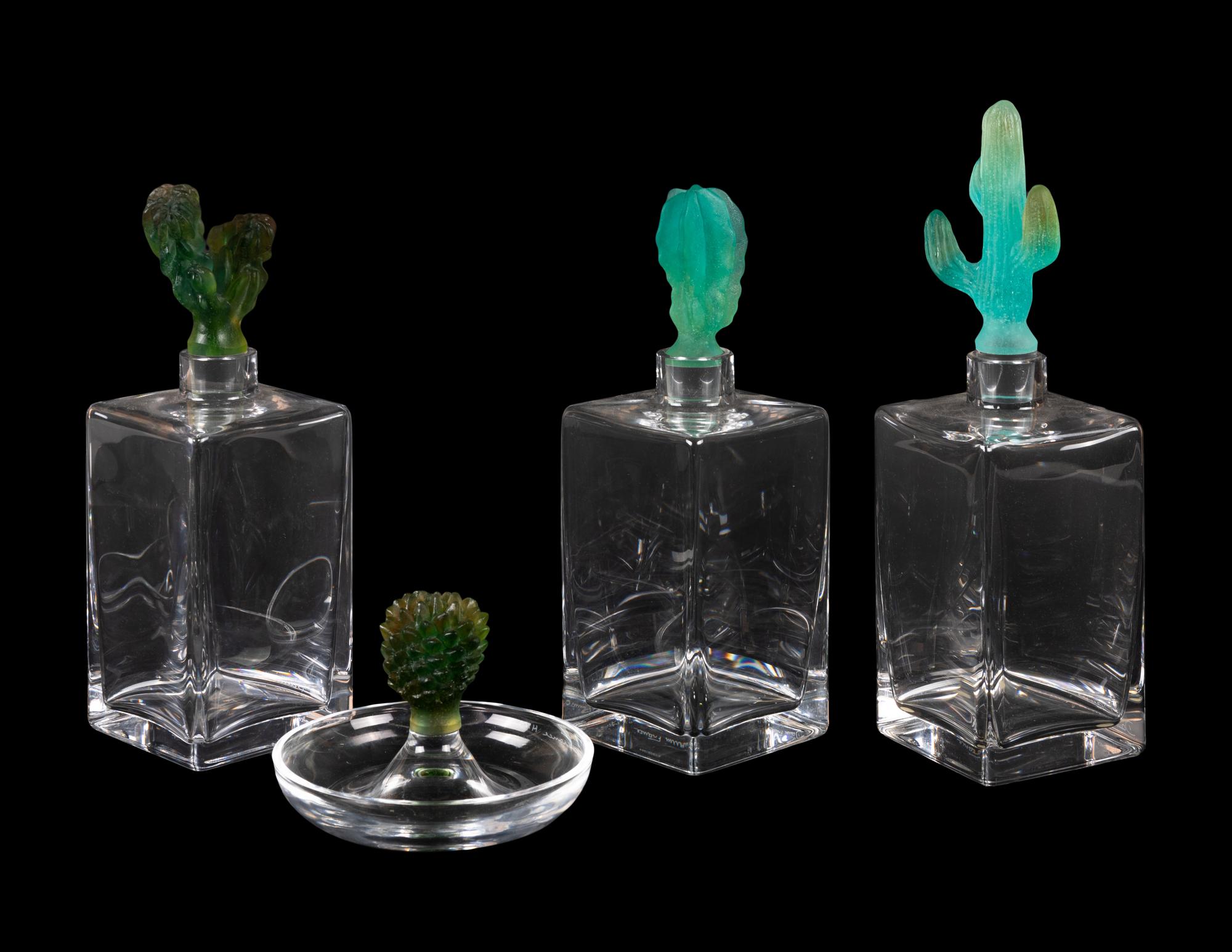 Three Daum Pâte-de-Verre Cactus Decanters and a Ring Tray