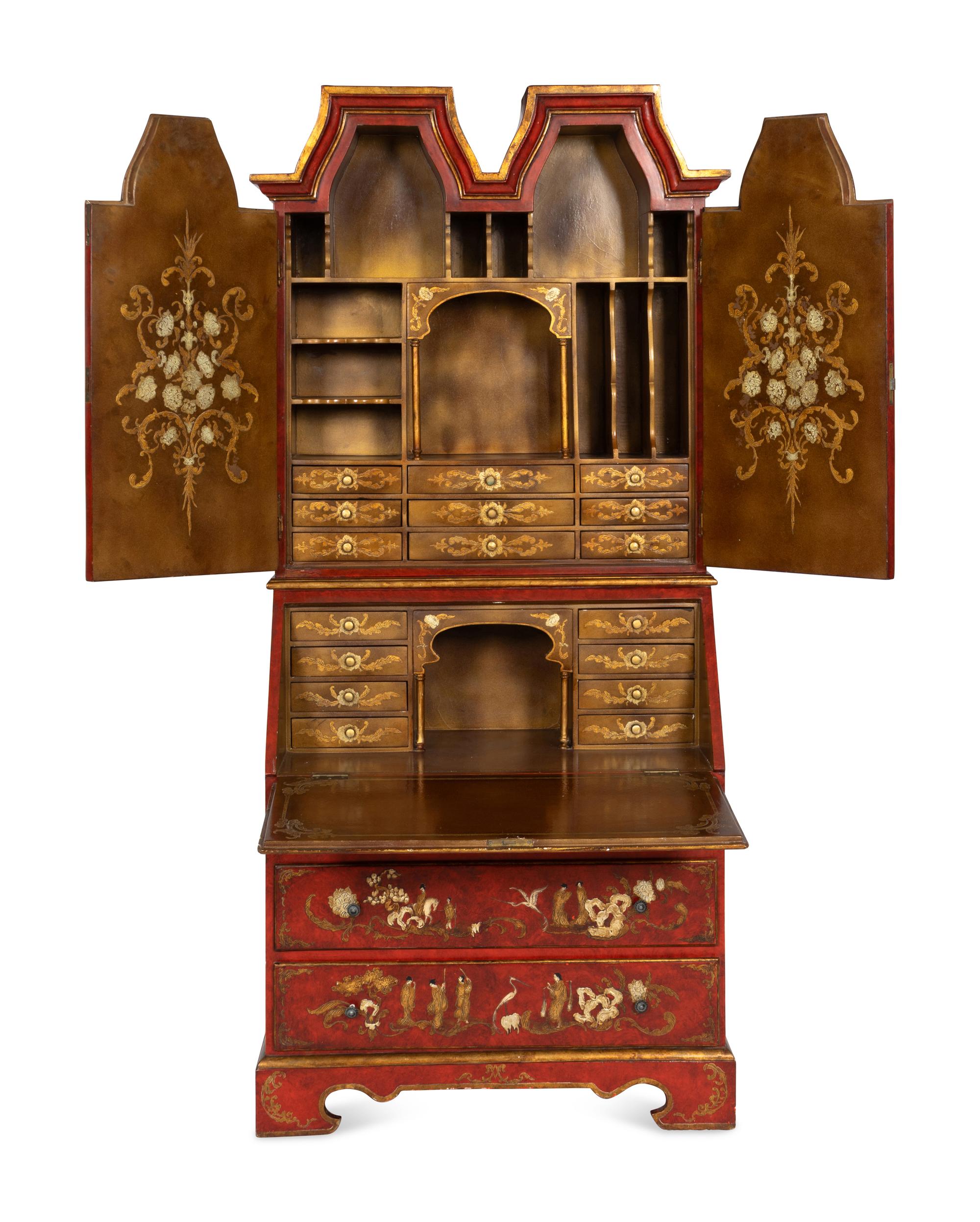 A George III Style Red and Gilt-Japanned Bureau Cabinet