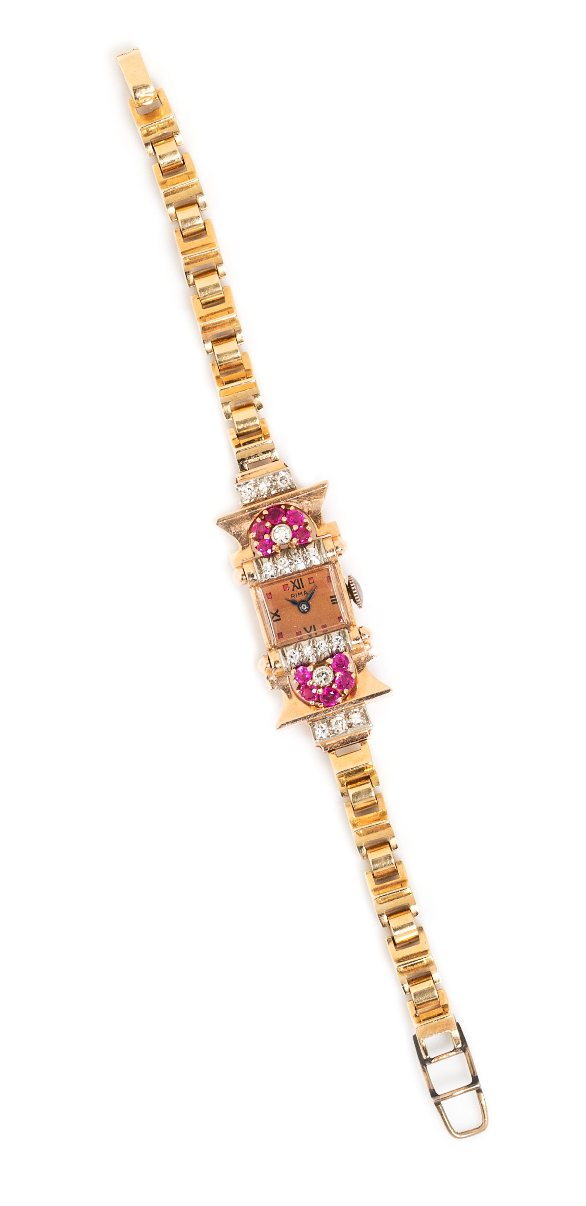 A Retro Rose Gold, Diamond and Ruby Wristwatch, Rima, 18.90 dwts.