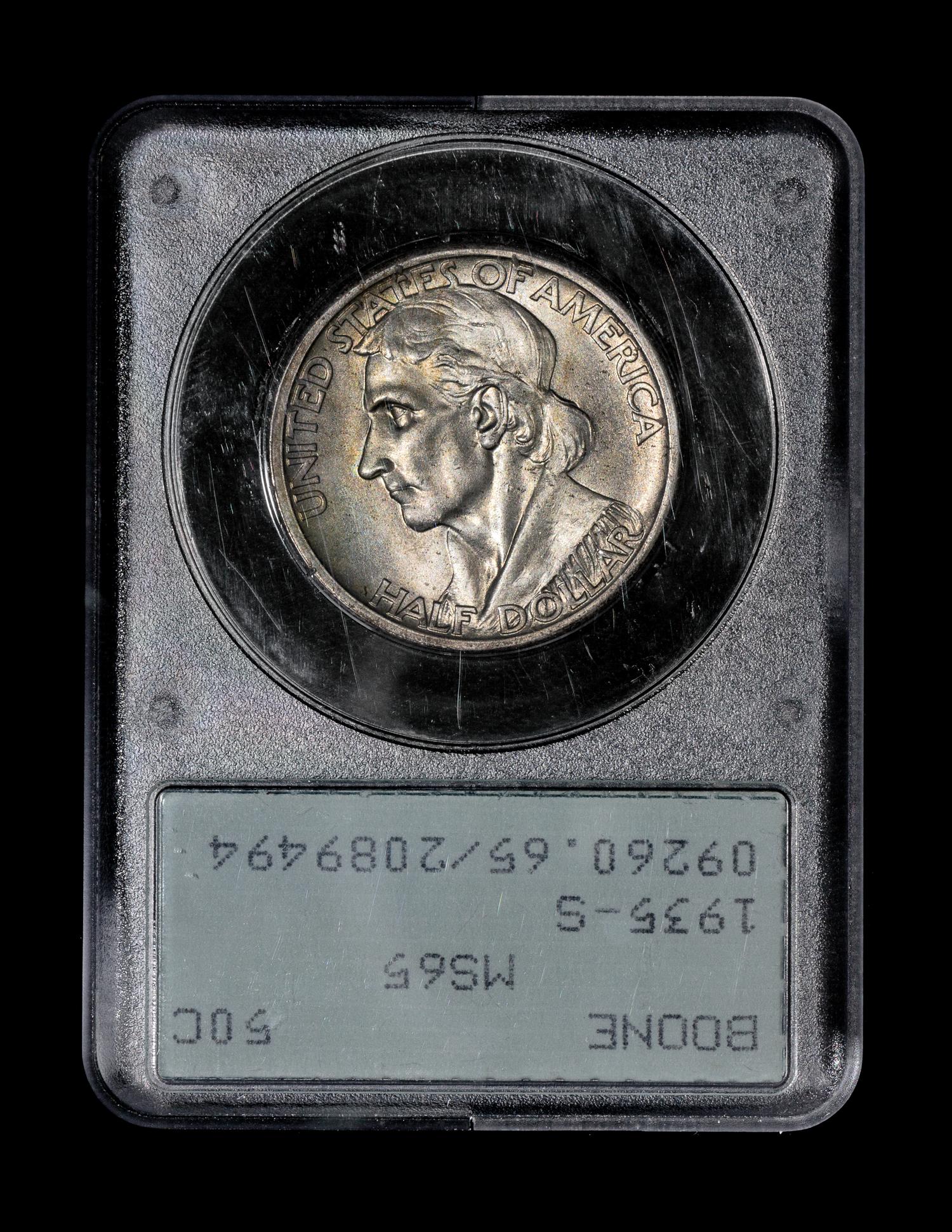 A United States 1935-S Daniel Boone Commemorative 50c Coin — PCGS graded MS65