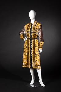 Versace Tribute "Wild Baroque" Silk Print Shirt Dress and Scarf, Spring 2018