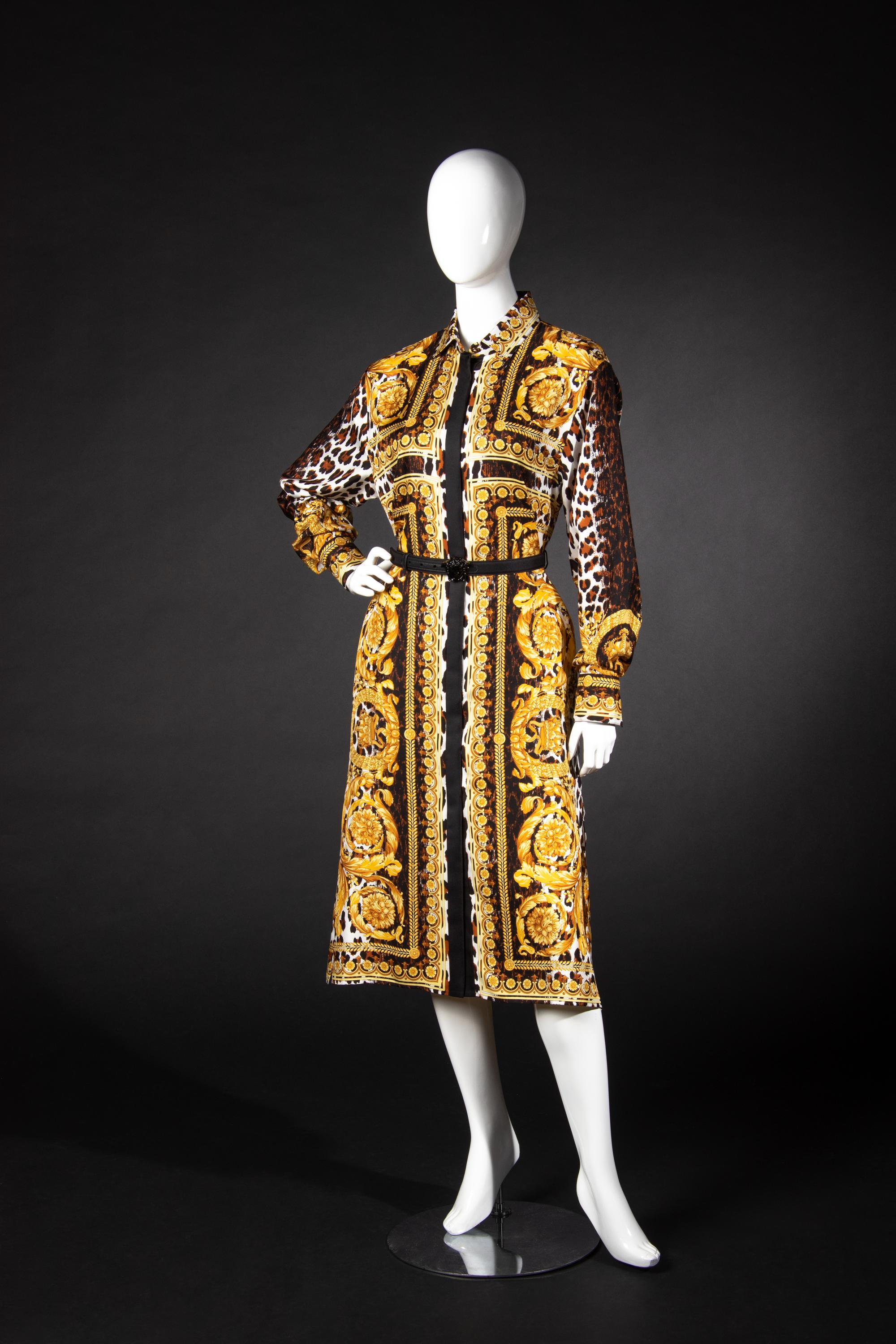 Versace Tribute "Wild Baroque" Silk Print Shirt Dress and Scarf, Spring 2018