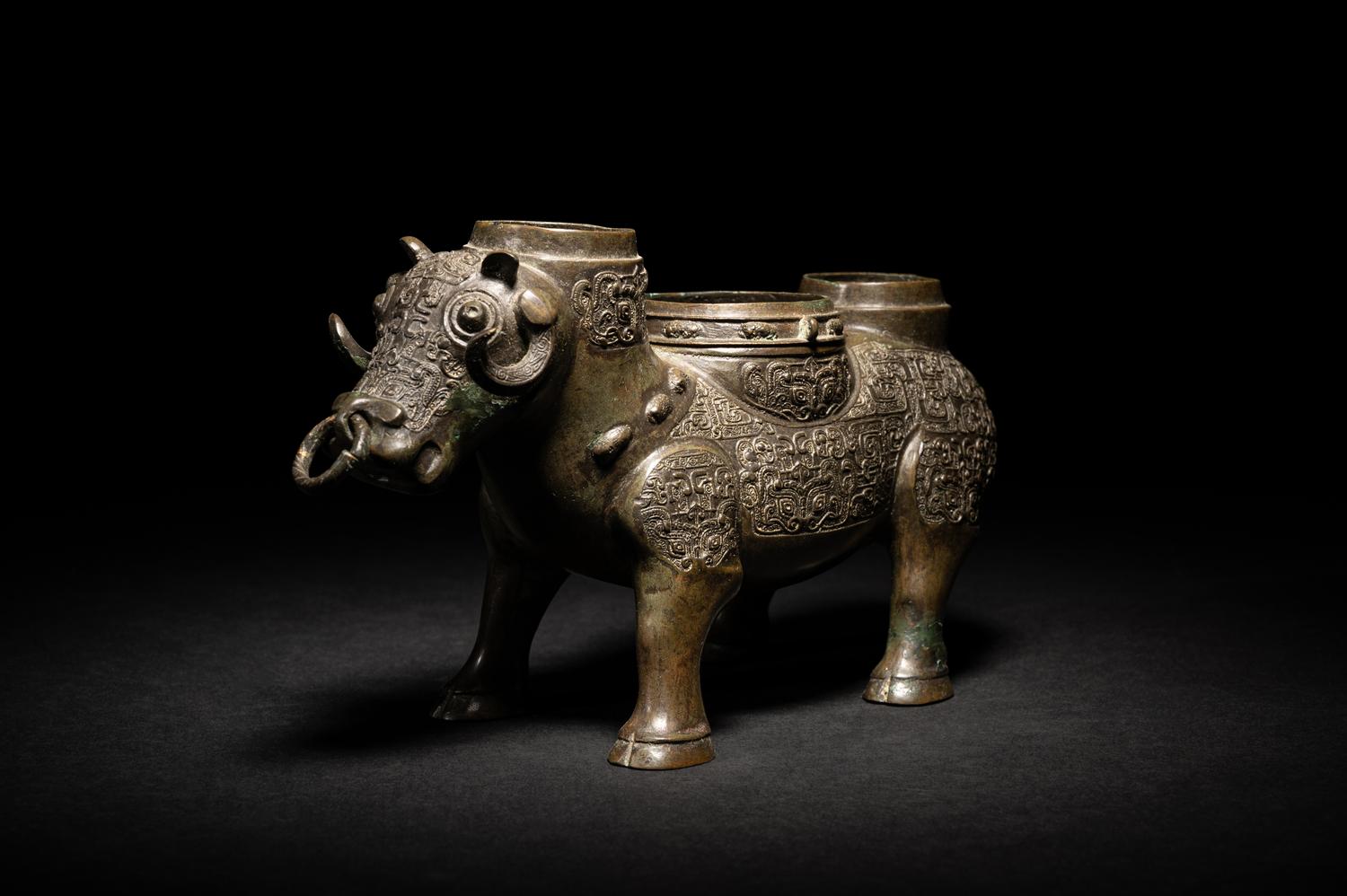 A Chinese Archaistic Style Bronze Bull-Form Wine Warmer