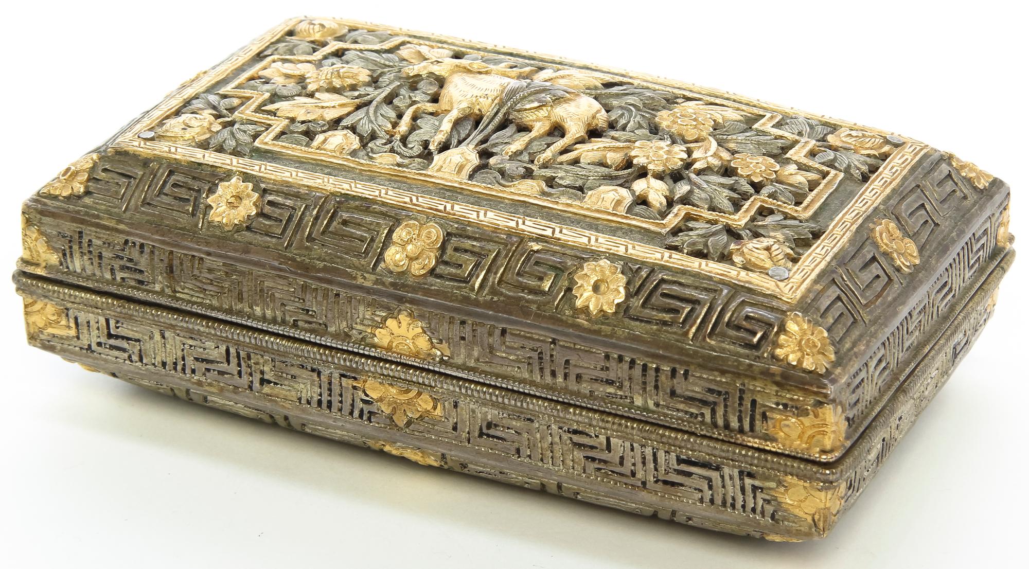 A Southeast Asian Silvered and Gilt Metal Decorative Box Width 5 1/4 inches.