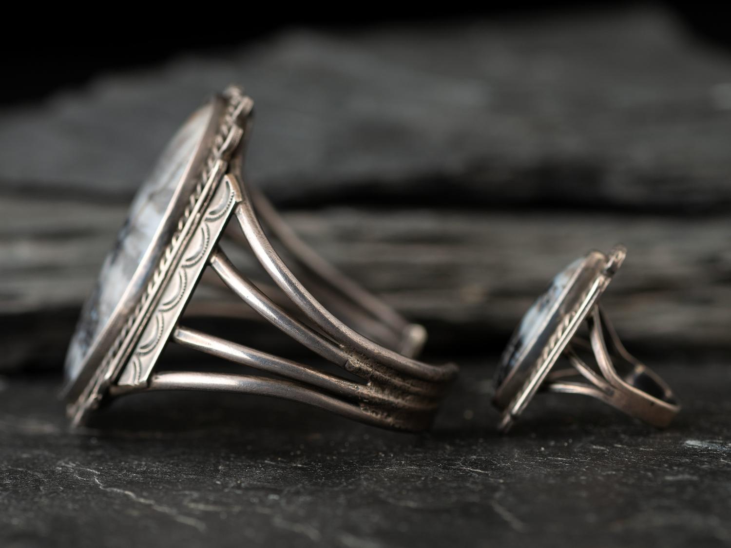 Navajo Silver and Petrified Wood Cuff Bracelet and Ring