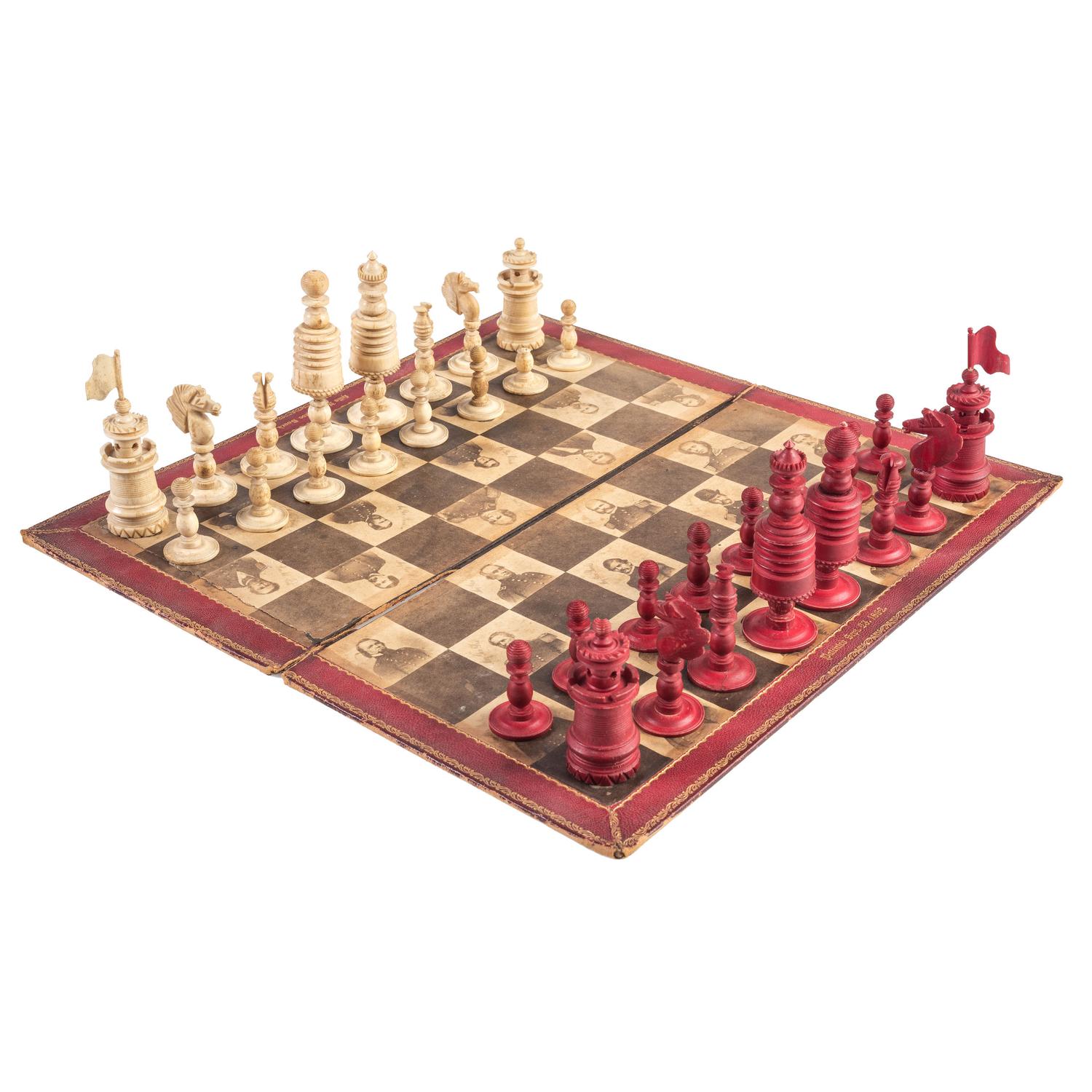 Civil War chess board and accompanying pieces. Hills National Chess Board, 1862.