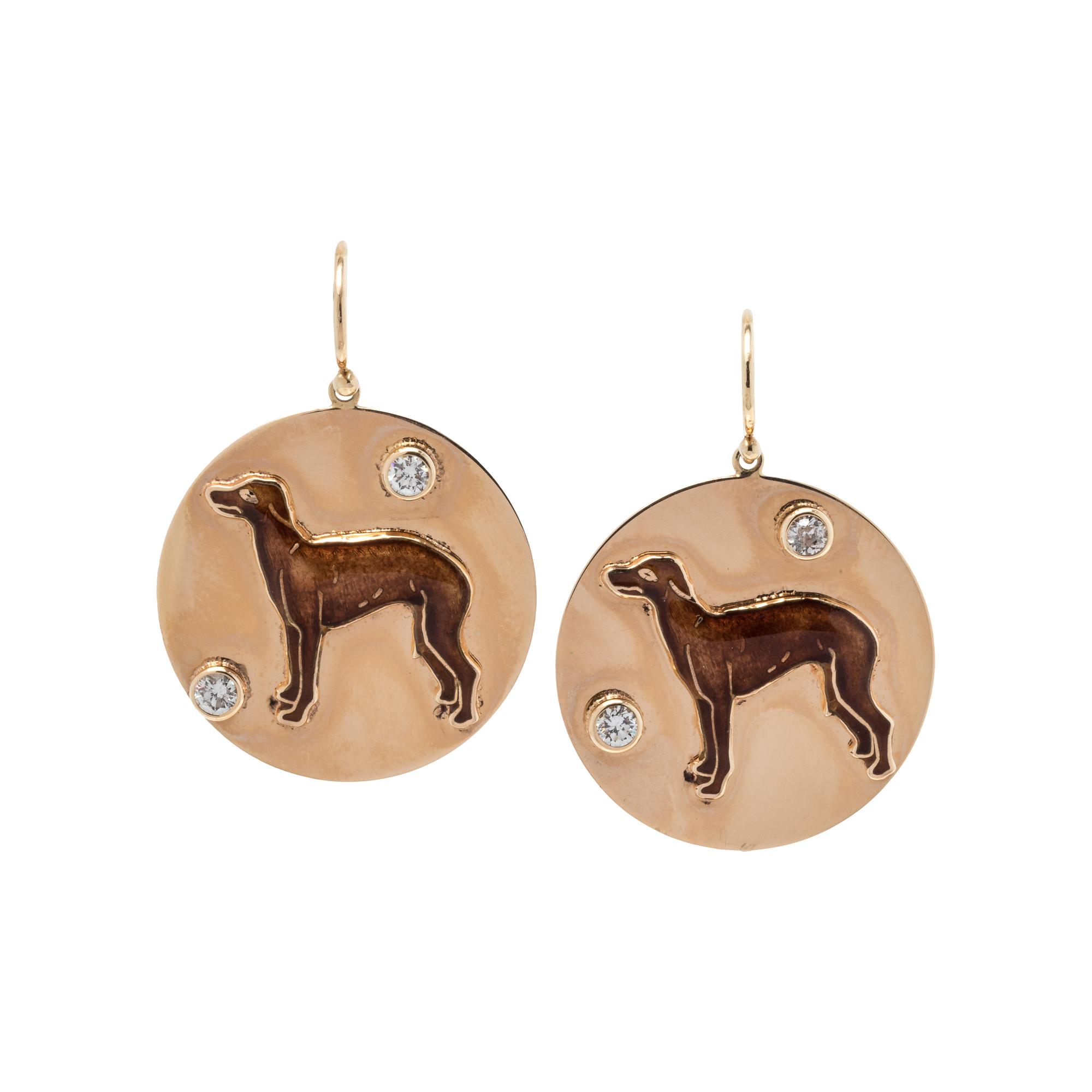 YELLOW GOLD, ENAMEL AND DIAMOND DOG EARRINGS