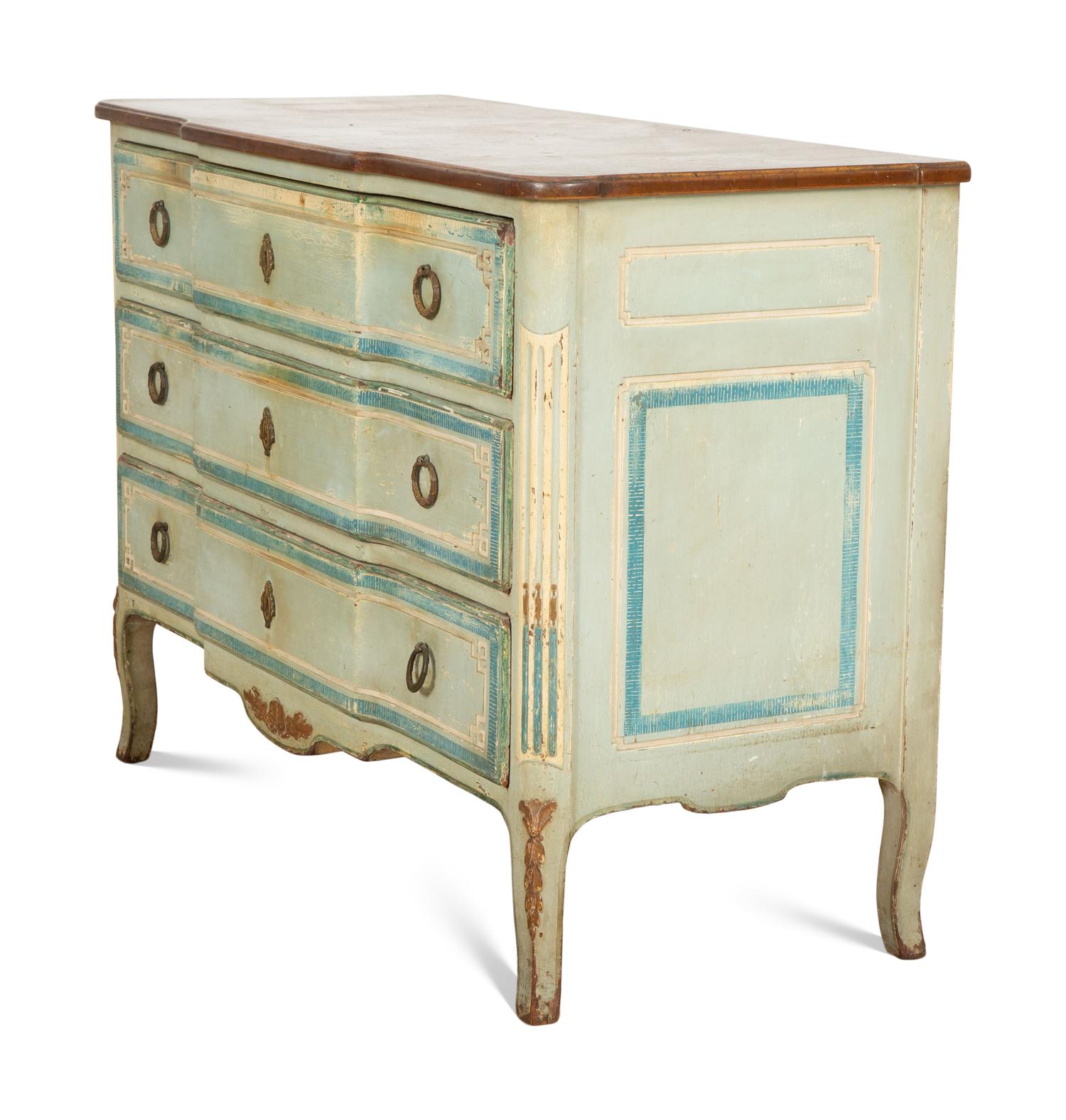 A French Gilt Metal-Mounted Painted and Parcel Gilt Commode