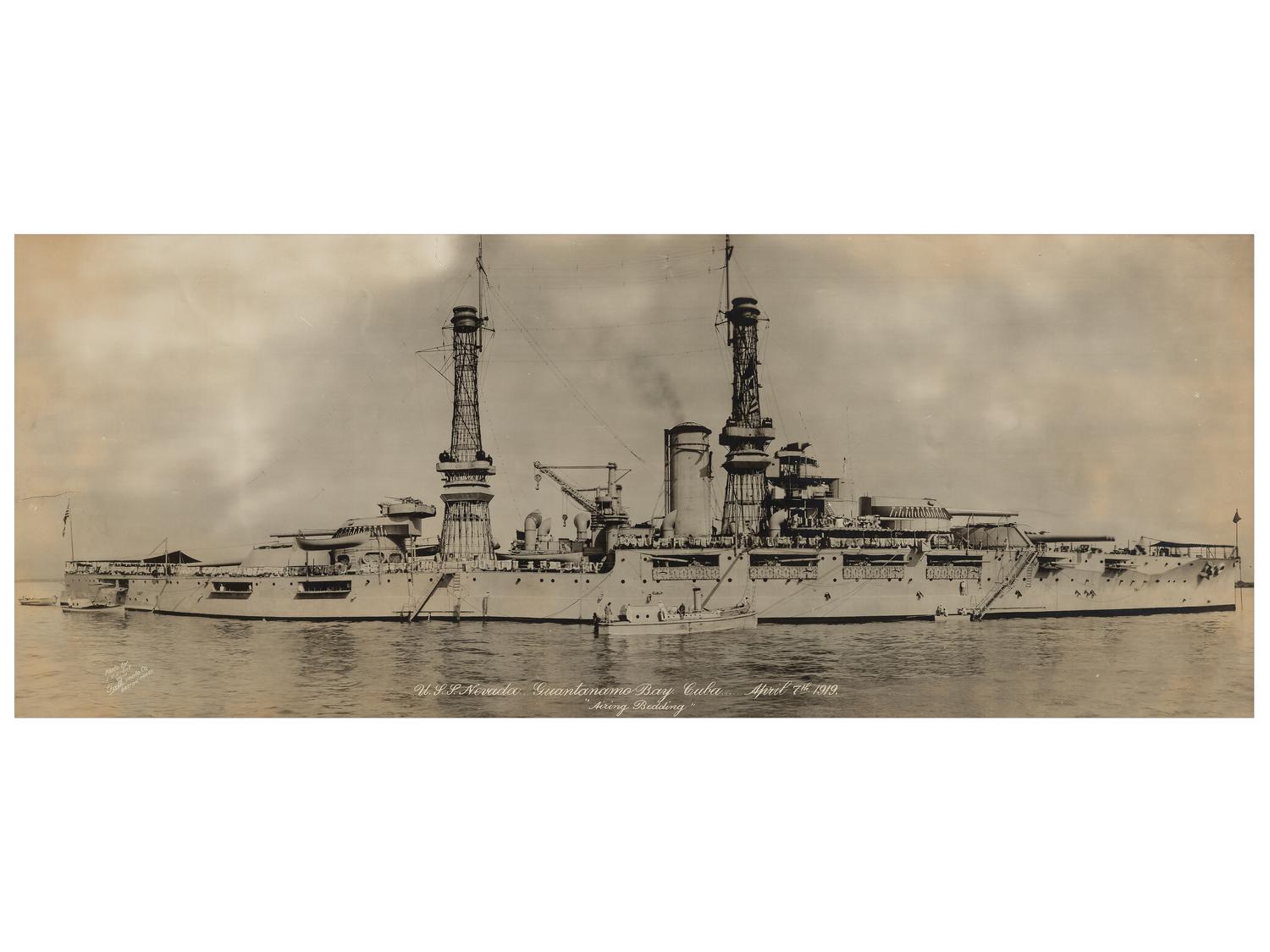[NAVY]. U.S.S. Nevada...Guantanamo Bay...Cuba...April 7th 1919. "Airing Bedding." Boston: L.C. Grant with Falk Photo Co,. [1919].