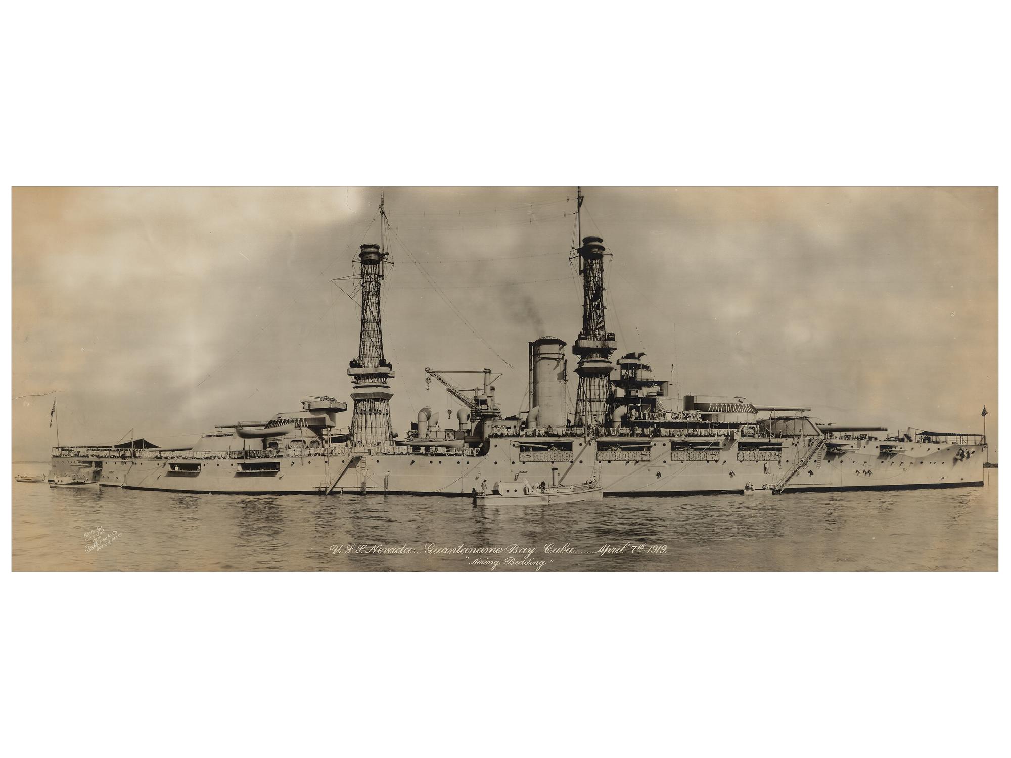 [NAVY]. U.S.S. Nevada...Guantanamo Bay...Cuba...April 7th 1919. "Airing Bedding." Boston: L.C. Grant with Falk Photo Co,. [1919].