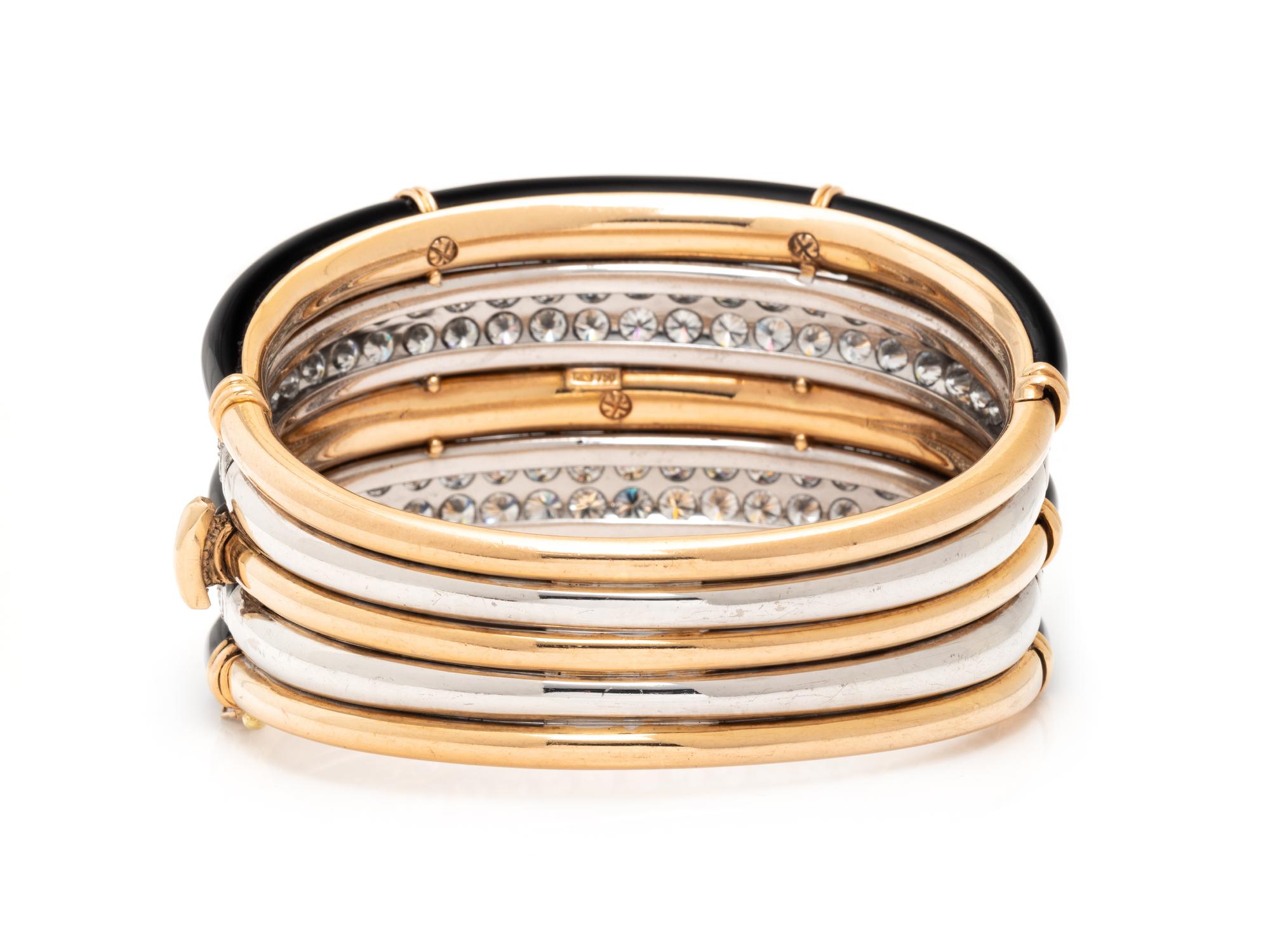 DIAMOND, BLACK ONYX, AND BICOLOR GOLD BANGLE BRACELET
