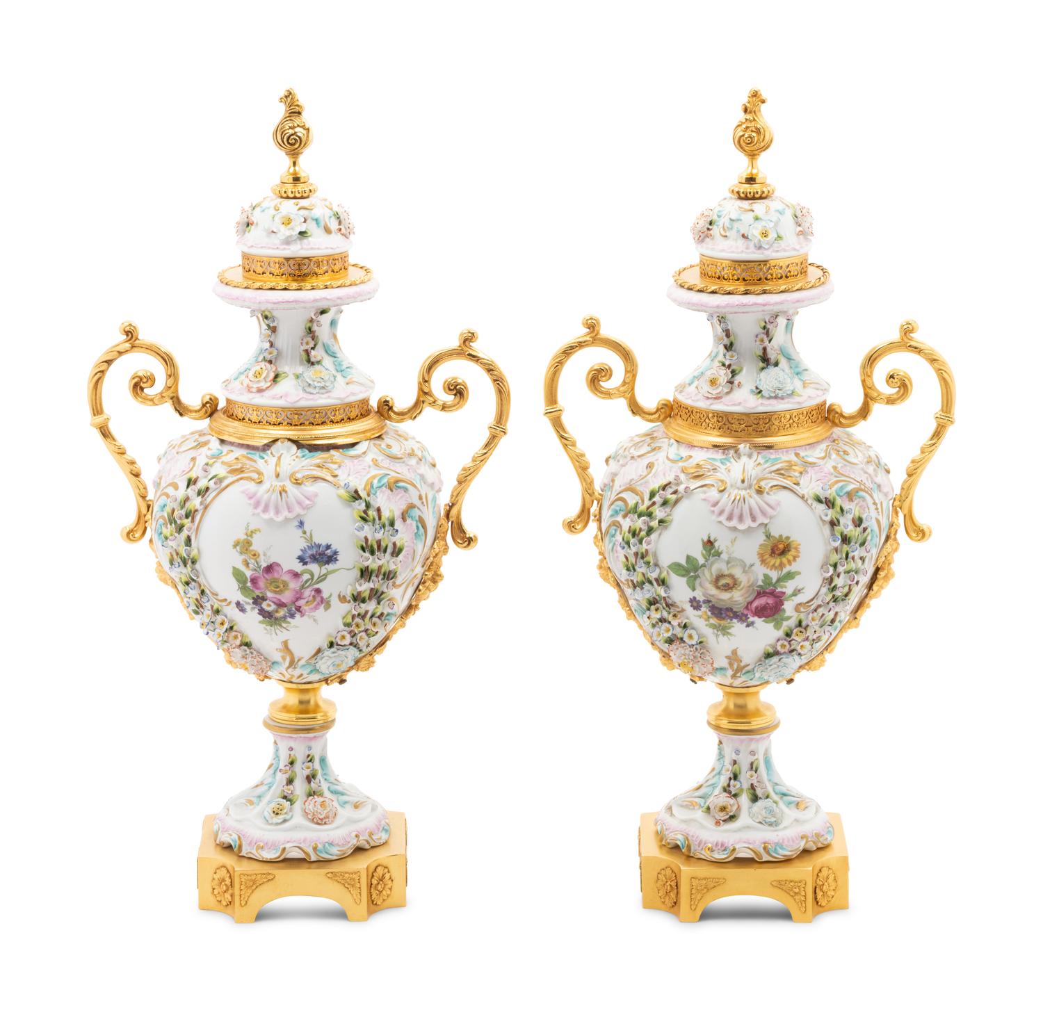 A Pair of Tiche Gilt Metal Mounted Porcelain Urns