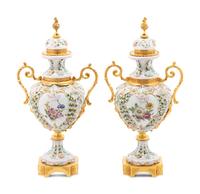 A Pair of Tiche Gilt Metal Mounted Porcelain Urns
