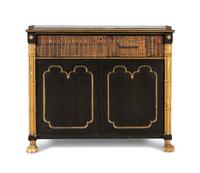 A Regency Black-Painted, Parcel-Gilt and Faux Book Front Cabinet