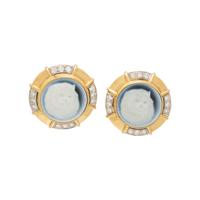 YELLOW GOLD, DIAMOND, AND CAT CAMEO CLIP EARRINGS