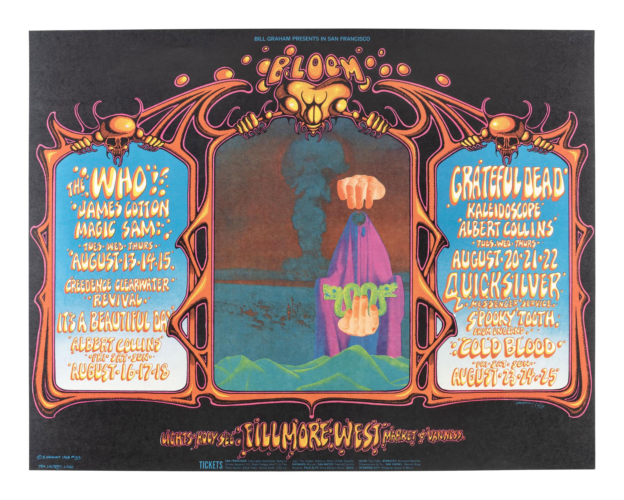 [MUSIC] -- [POSTERS]. GRIFFIN, Rick, & KELLY, Alton, artists. Bill Graham Presents in San Francisco The Who, Grateful Dead, Creedence Clearwater Revival, Quicksilver Messenger Service at the Fillmore West . August 1968.