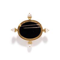 ELIZABETH LOCKE, YELLOW GOLD, CULTURED PEARL AND GLASS CAMEO BROOCH