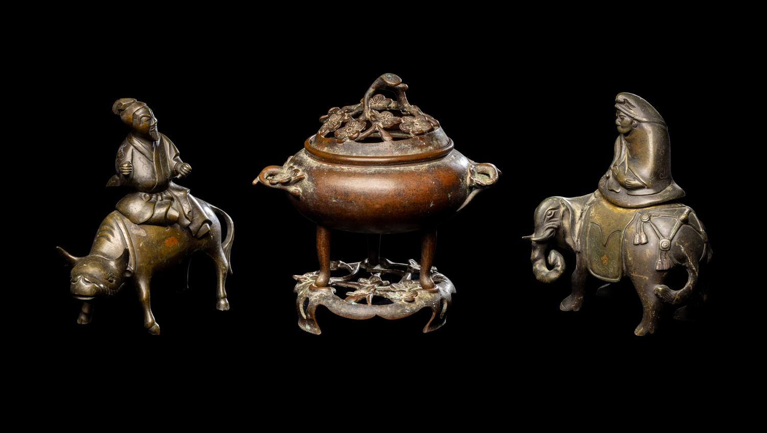 Three Japanese Bronze Incense Burners