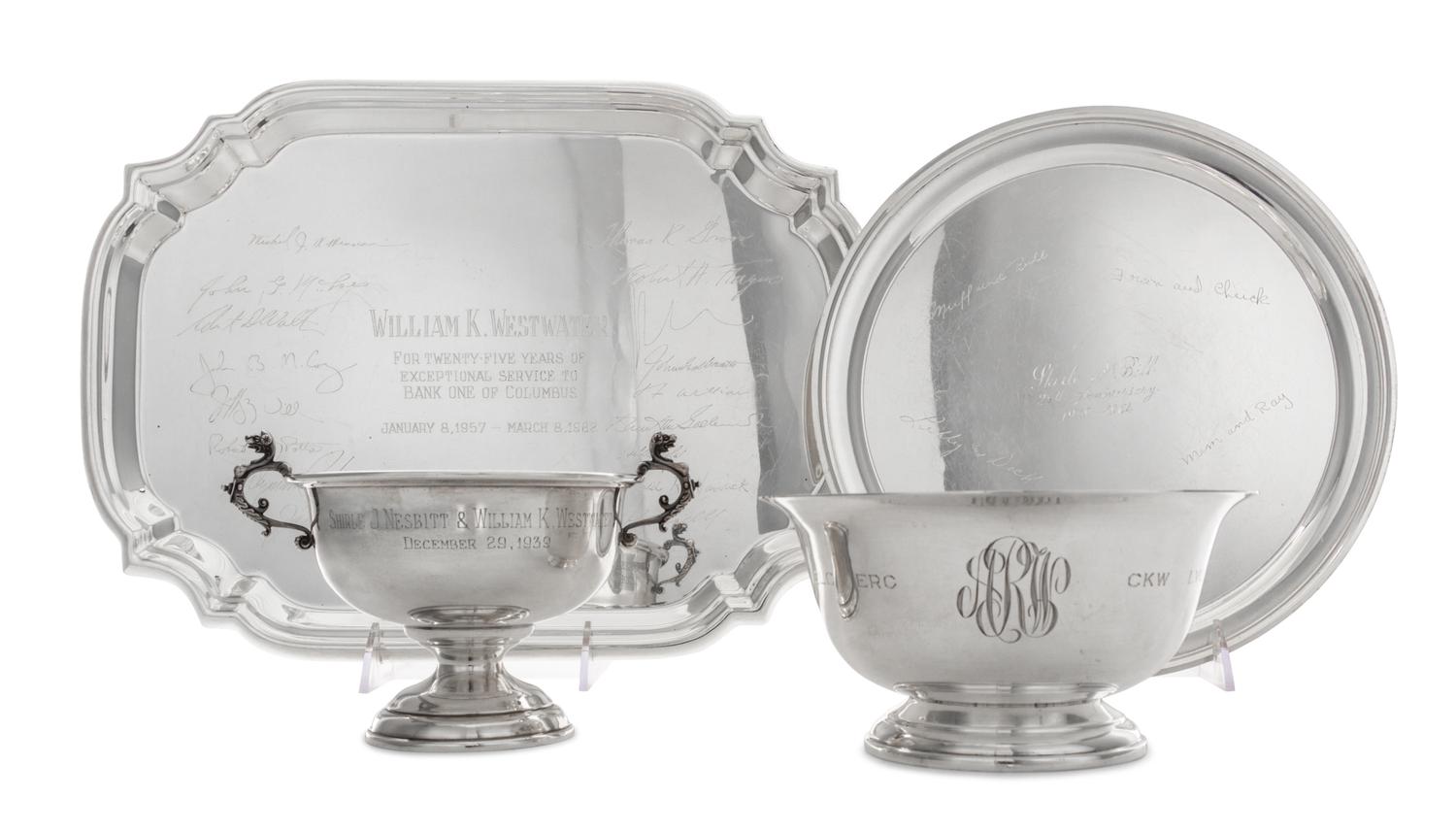 Four American Silver Presentation Articles, Various Makers, comprising a bowl with dragon handles, Reed & Barton, Taunton, MA; a "Rever