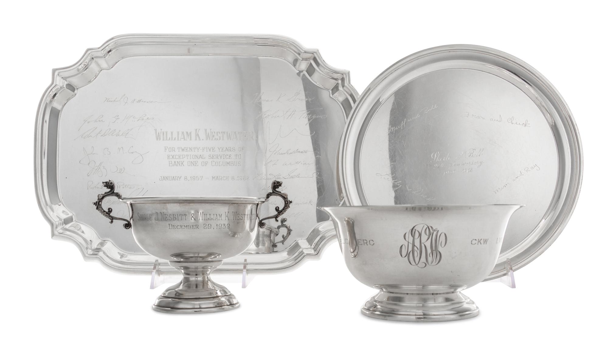 Four American Silver Presentation Articles, Various Makers, comprising a bowl with dragon handles, Reed & Barton, Taunton, MA; a "Rever