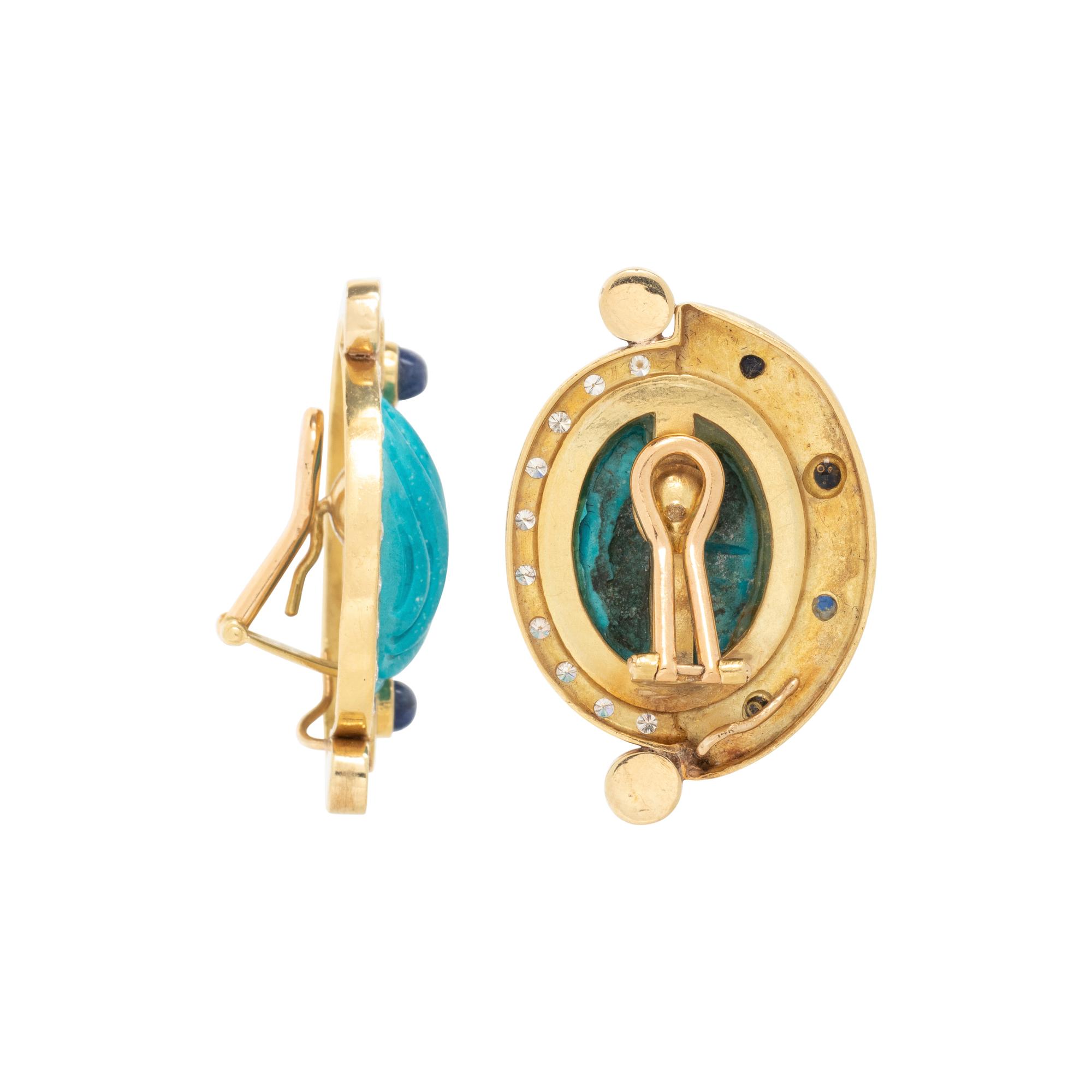YELLOW GOLD, IMITATION TURQUOISE AND SAPPHIRE EARCLIPS