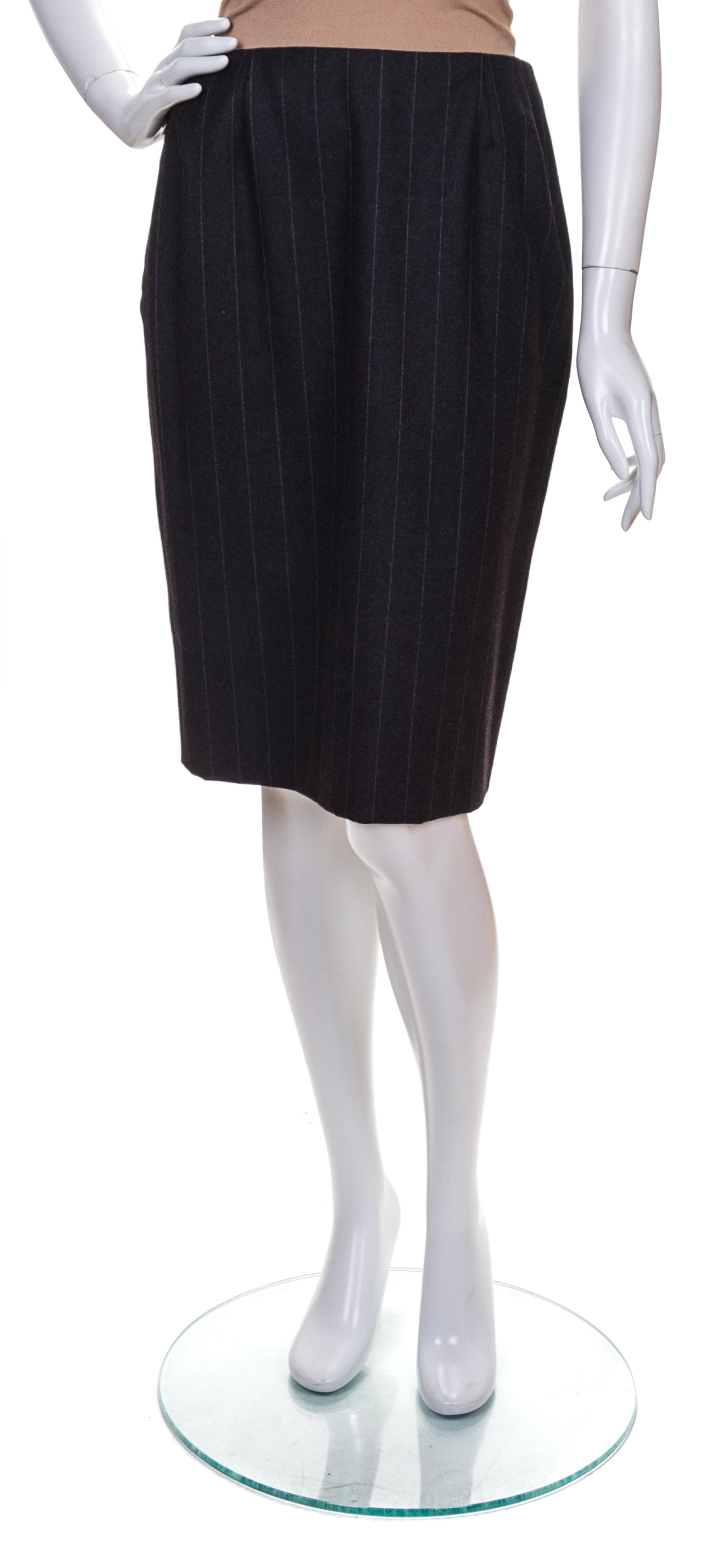 A Bill Blass Grey Wool Pinstripe Skirt Ensemble, Size 10.