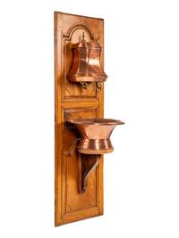 A French Copper Lavabo and Basin Mounted to a Walnut Cabinet Door