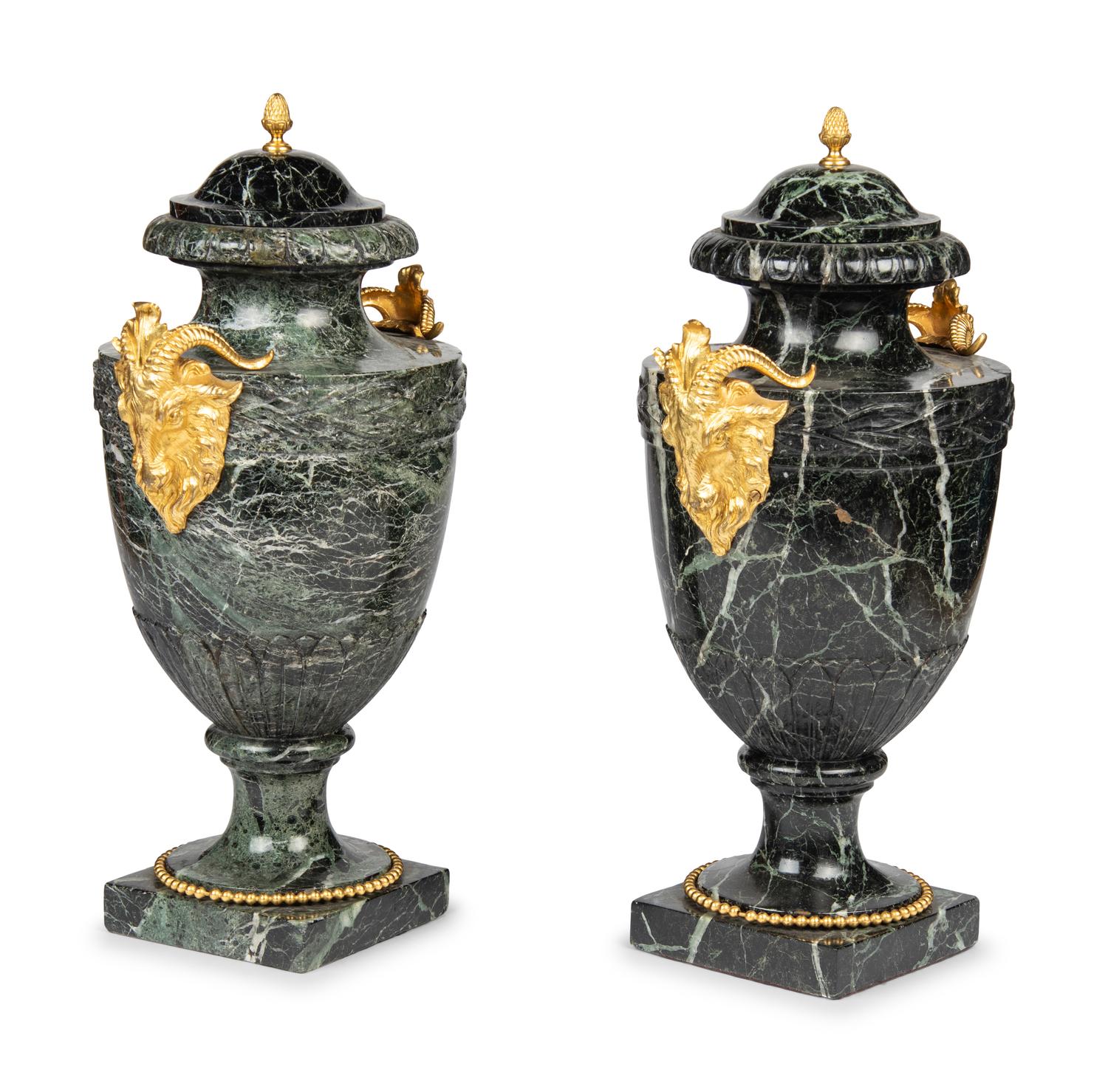 A Pair of Louis XVI Style Gilt Bronze Mounted Marble Urns