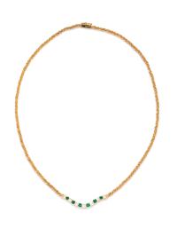 A 14 Karat Yellow Gold, Emerald and Diamond Necklace,