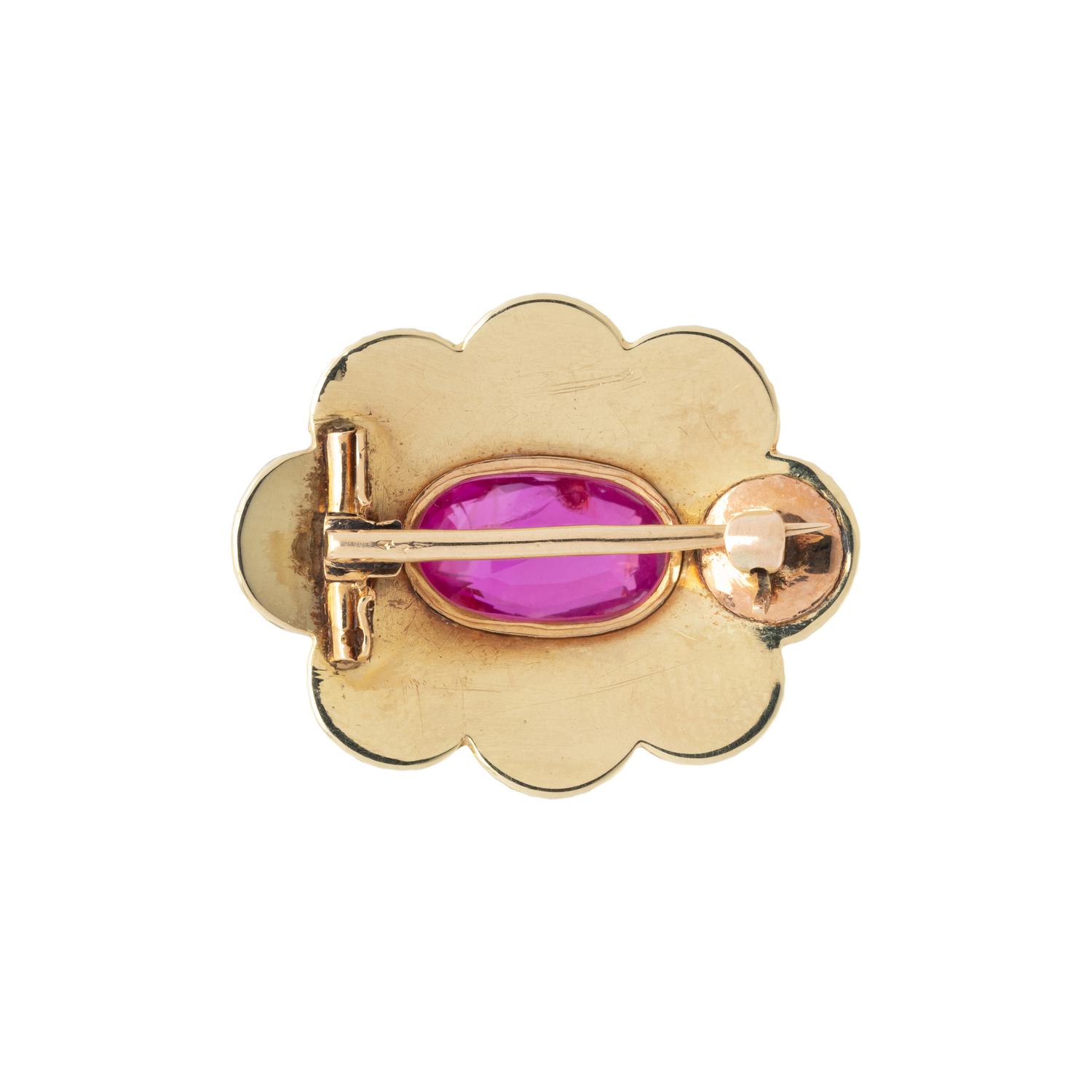 ANTIQUE, UNHEATED BURMESE RUBY AND PEARL BROOCH