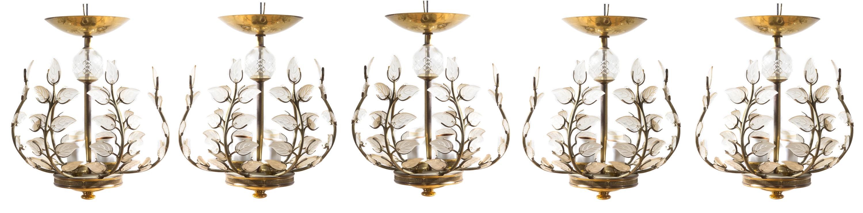 A Set of Five Gilt Metal and Molded Glass Lanterns Height 9 inches. — MANNER OF BAGUES, SECOND HALF 20TH CENTURY