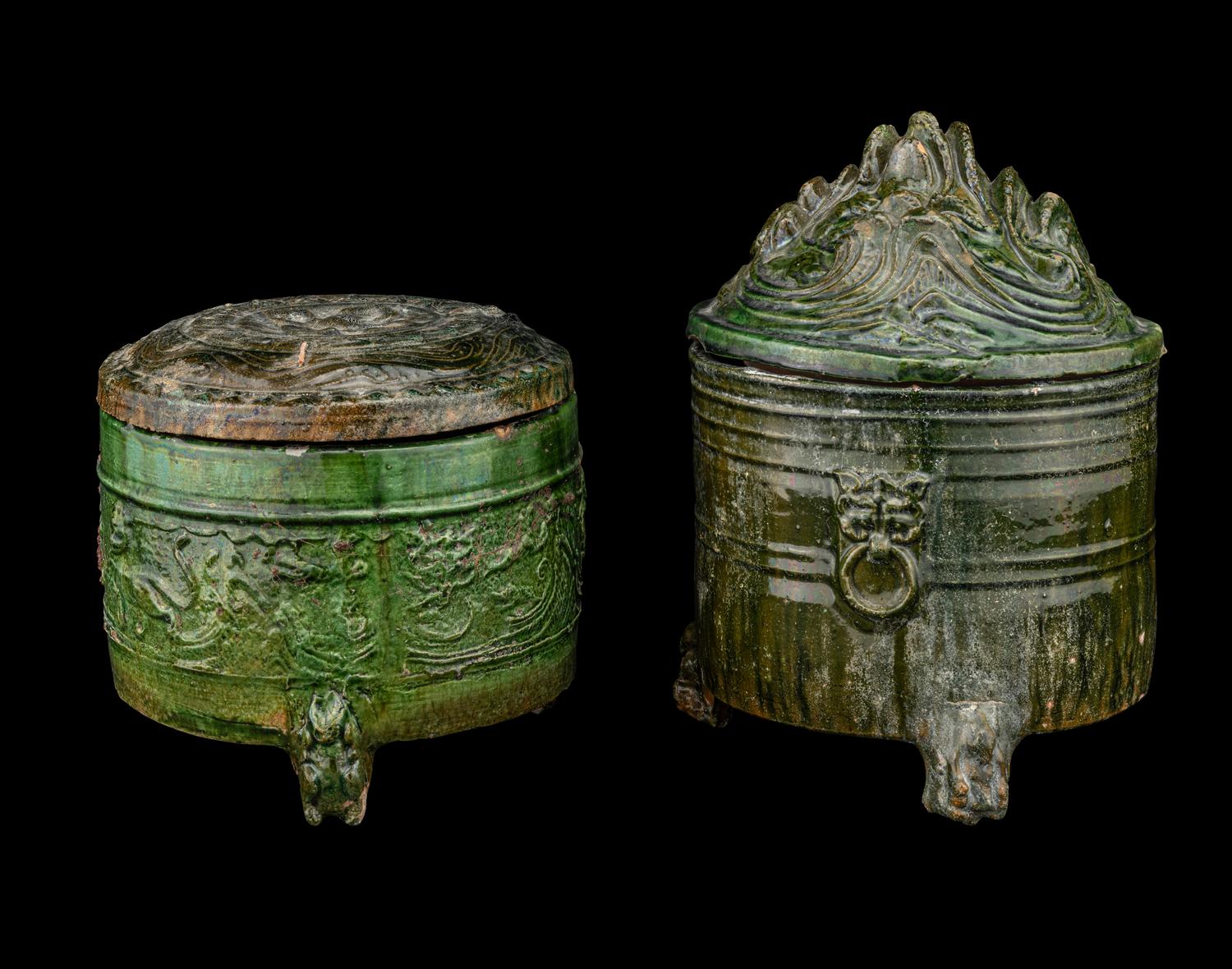 Two Chinese Green Glazed Pottery Covered Tripod Incense Burners