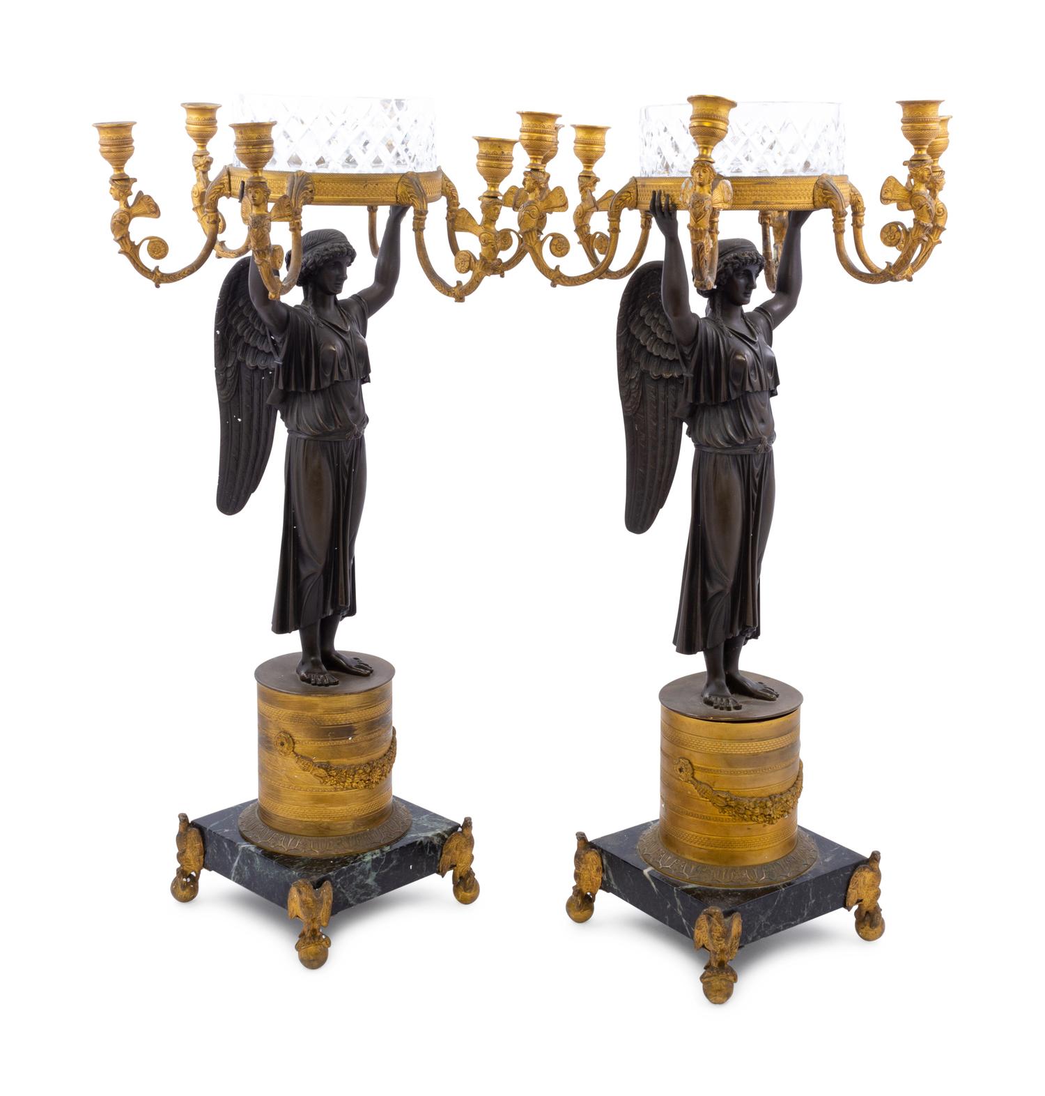 A Pair of Empire Gilt and Patinated Bronze Six-Light Figural Candelabra