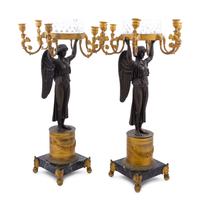 A Pair of Empire Gilt and Patinated Bronze Six-Light Figural Candelabra