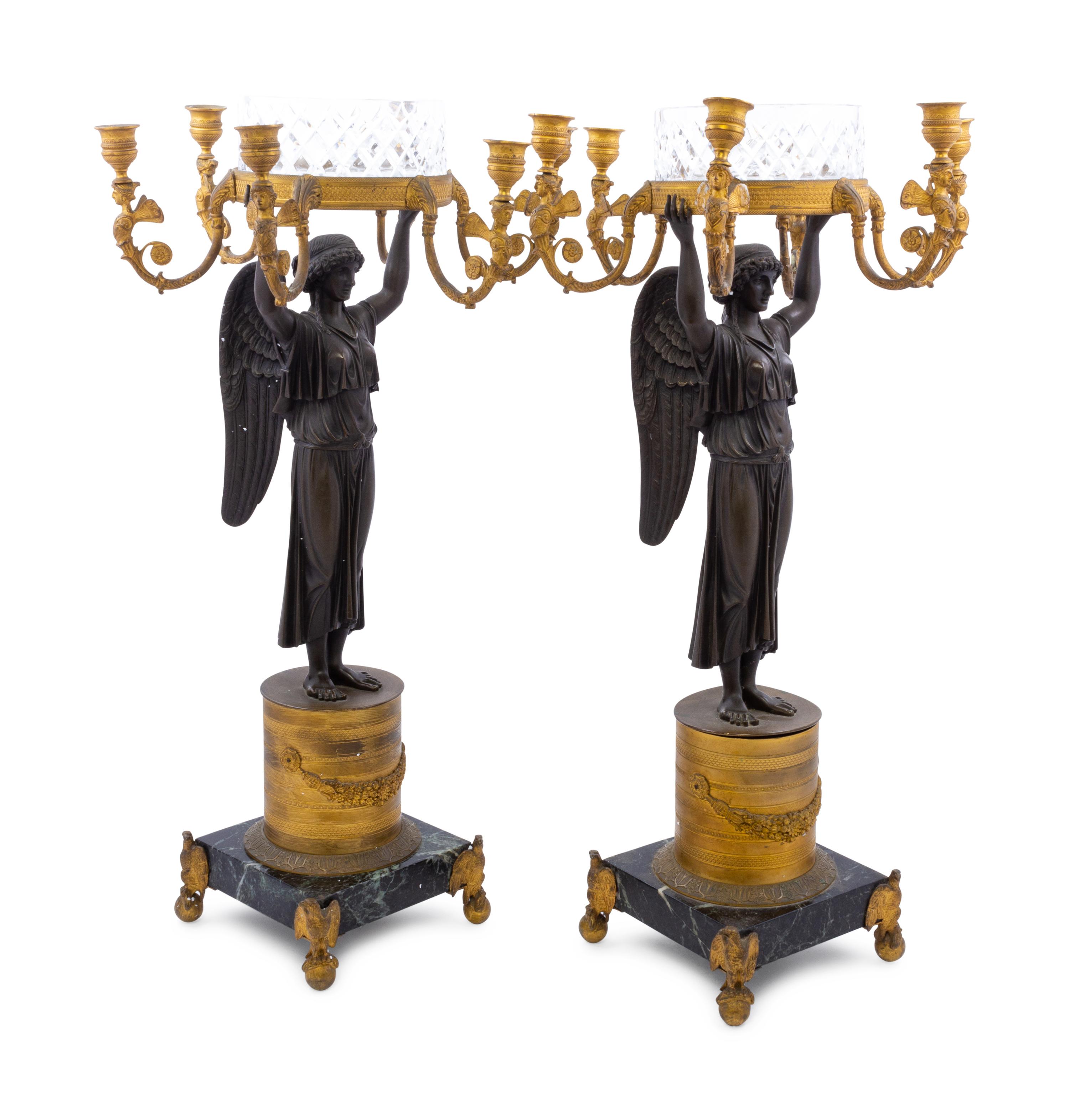 A Pair of Empire Gilt and Patinated Bronze Six-Light Figural Candelabra