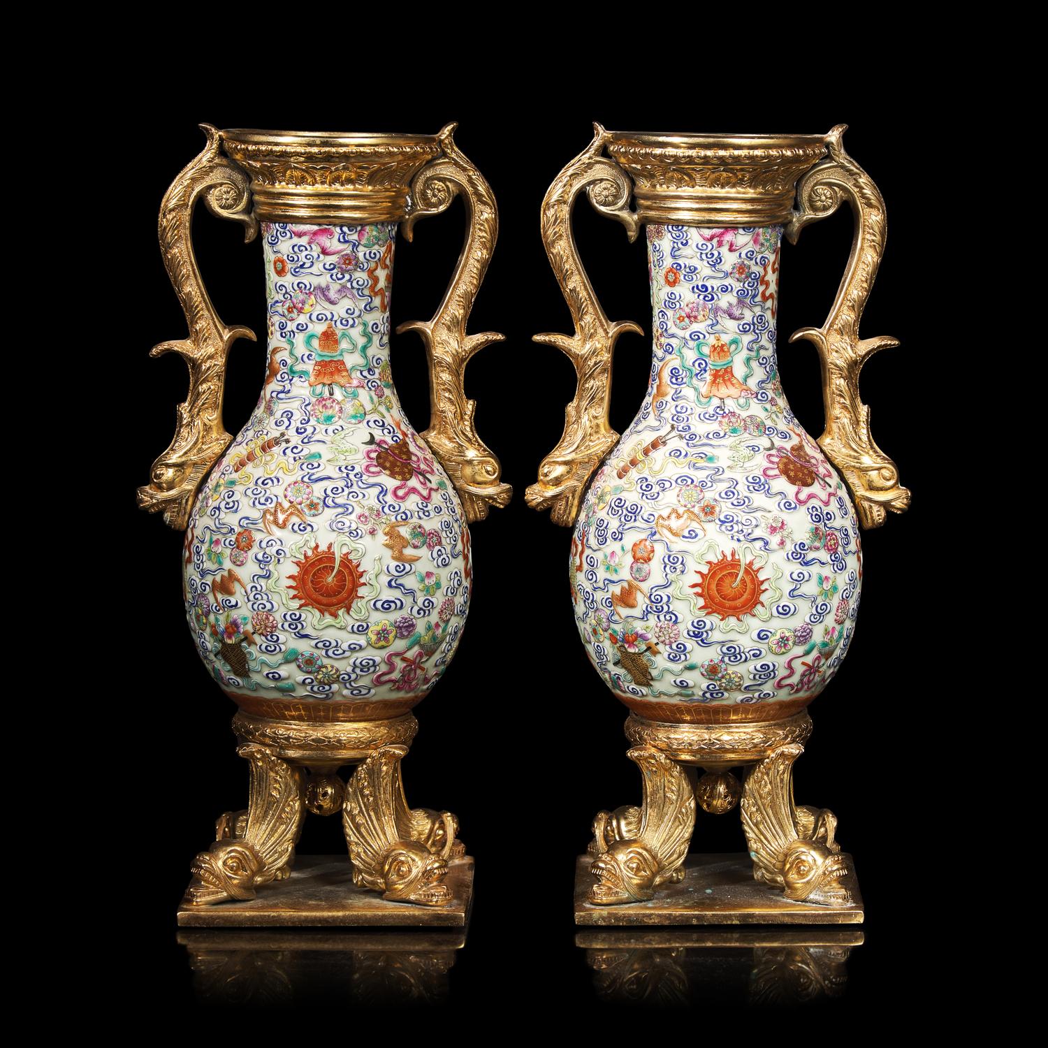 A Pair of Gilt Bronze Mounted Chinese Famille Rose Vases, the Porcelain 19th Century 清中期 粉彩雲蝠八寶紋鑲鎏金配件賞瓶一對