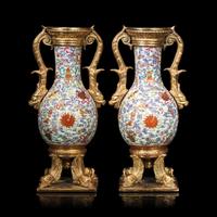 A Pair of Gilt Bronze Mounted Chinese Famille Rose Vases, the Porcelain 19th Century 清中期 粉彩雲蝠八寶紋鑲鎏金配件賞瓶一對