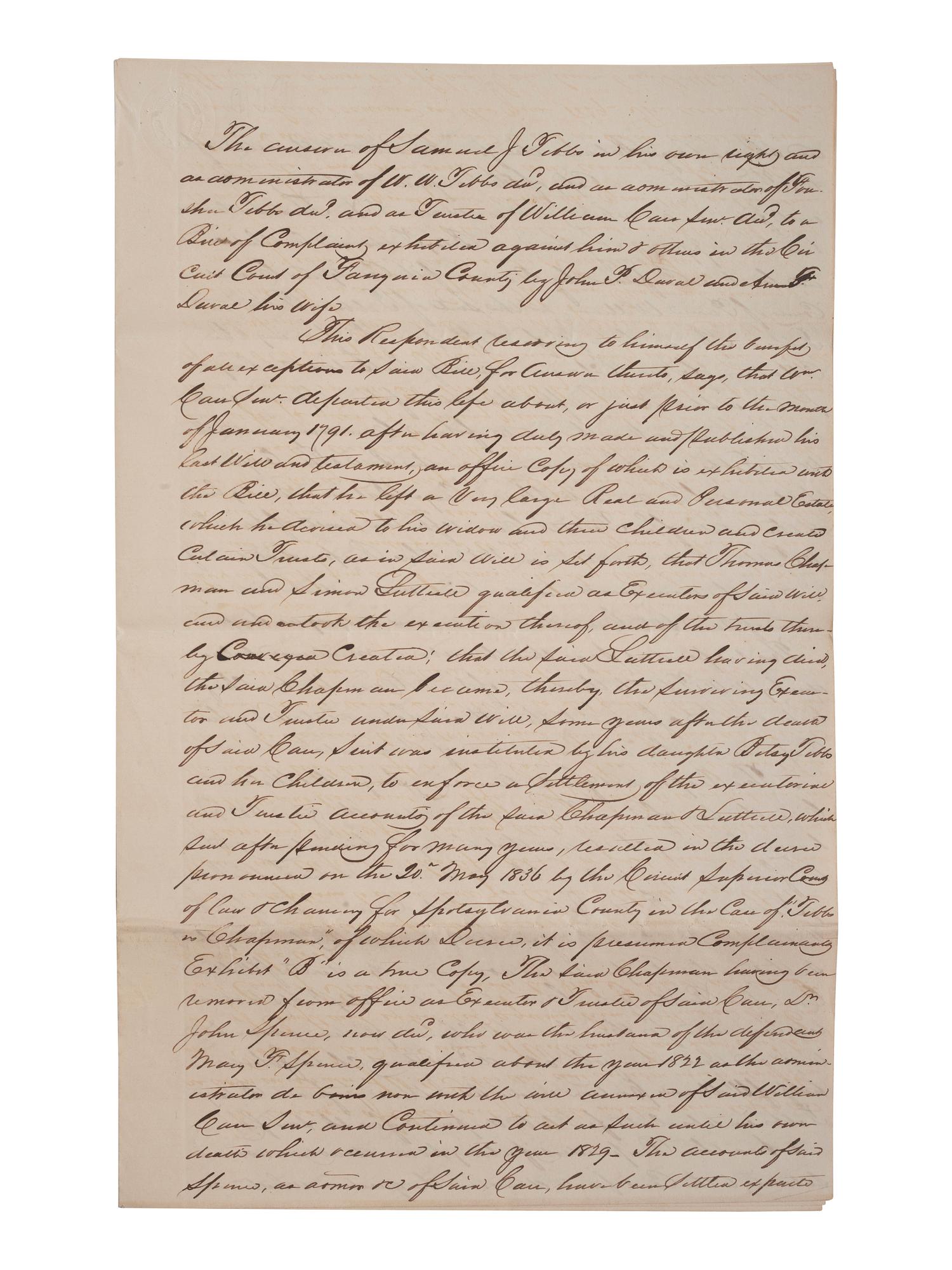 [ENSLAVEMENT & ABOLITION]. A group of 4 documents identified to the Carr and Tebbs families of Virginia, incl. references to the manumission and sale of enslaved persons.
