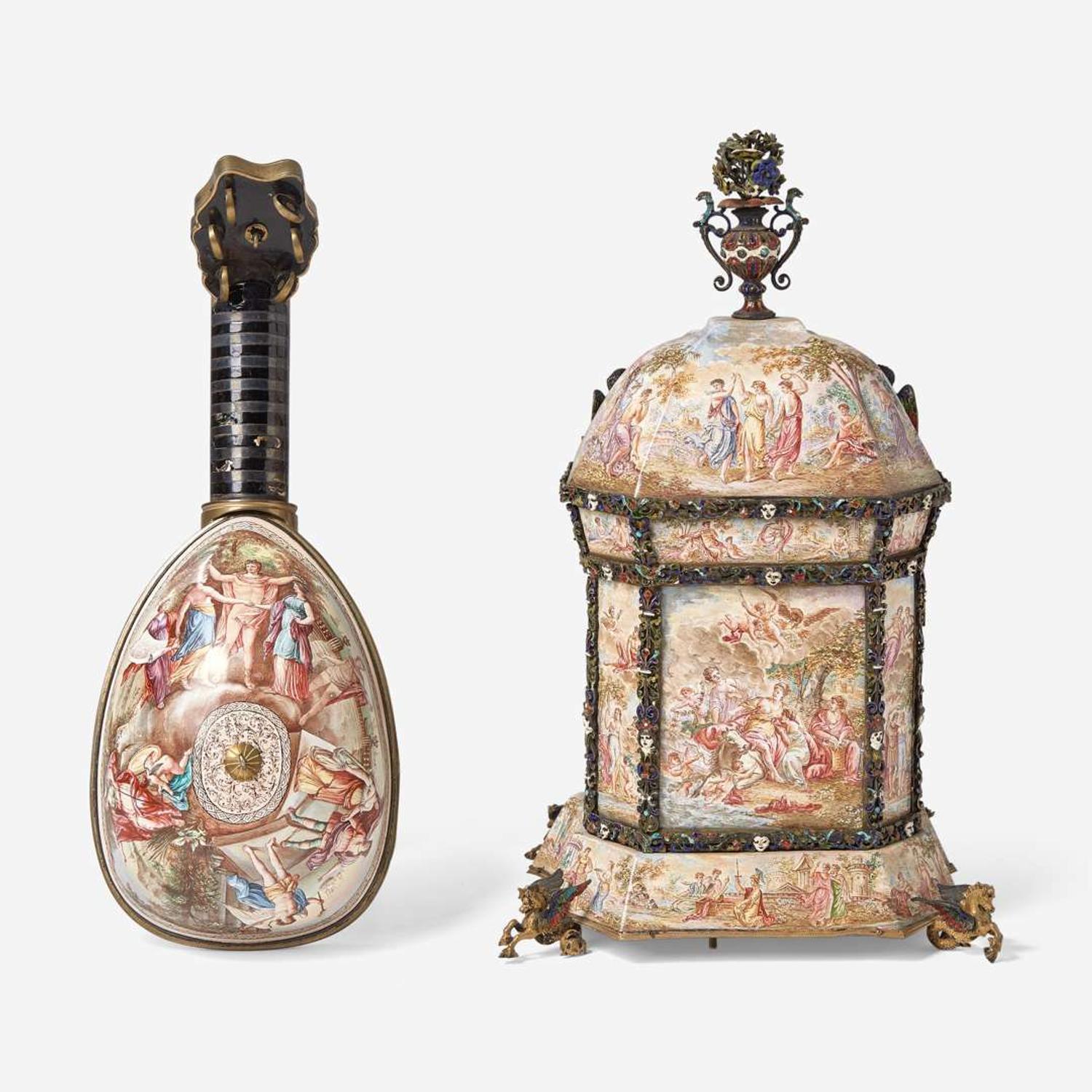 Two Viennese silver gilt and enamel desk clocks in the form of a pipe organ and mandolin Karl Bank (active 1895-1924) and Maker "PL," the latter with works by Johann Mayer, Vienna, Austria, circa 1900