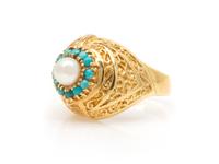 A Collection of 18 Karat Yellow Gold, Cultured Pearl, Sapphire and Turquoise Rings, 15.10 dwts.
