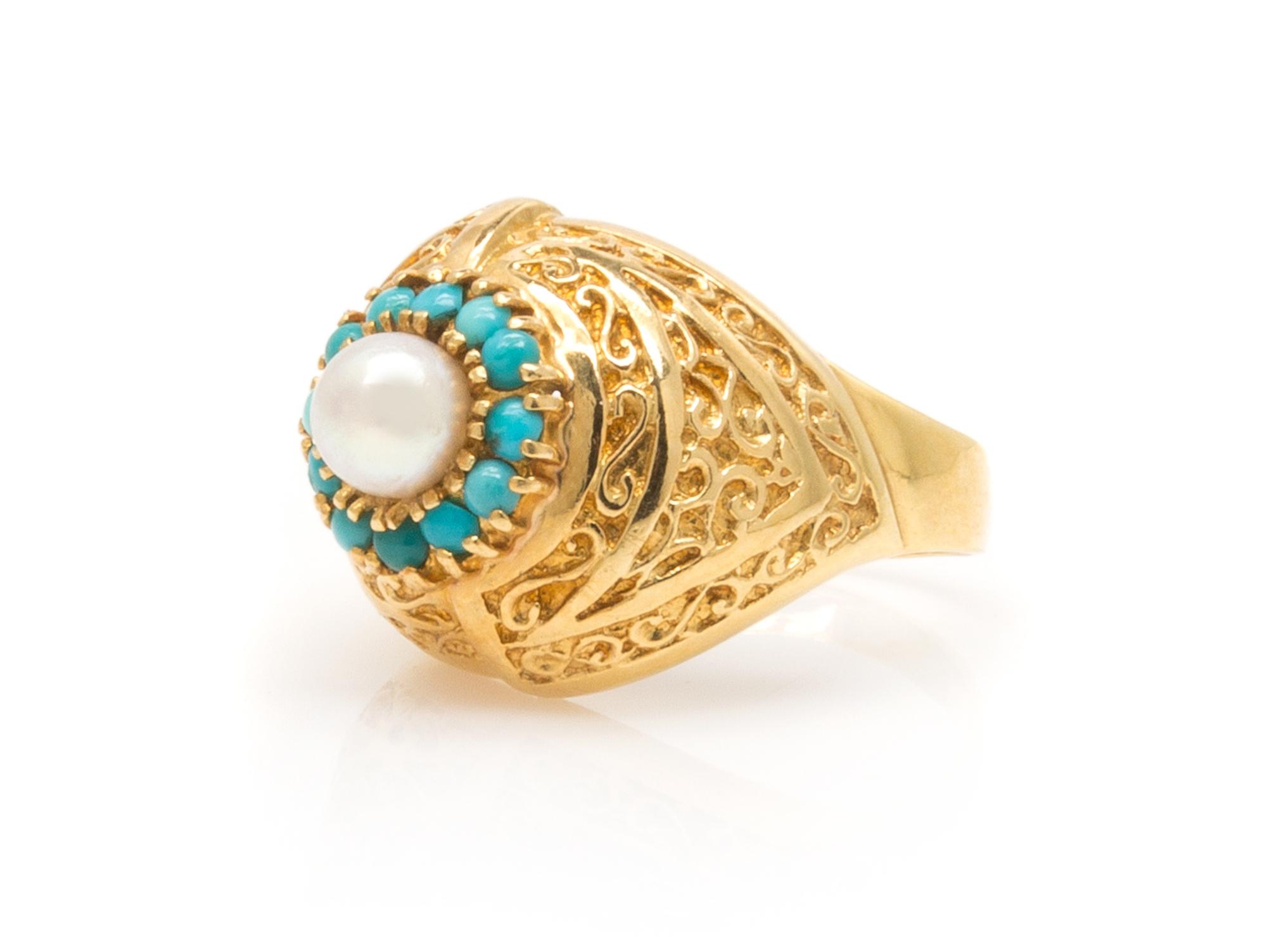 A Collection of 18 Karat Yellow Gold, Cultured Pearl, Sapphire and Turquoise Rings, 15.10 dwts.