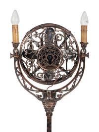 A Luminaire Cast and Patinated Metal Two-Light Funeral Parlor Fan