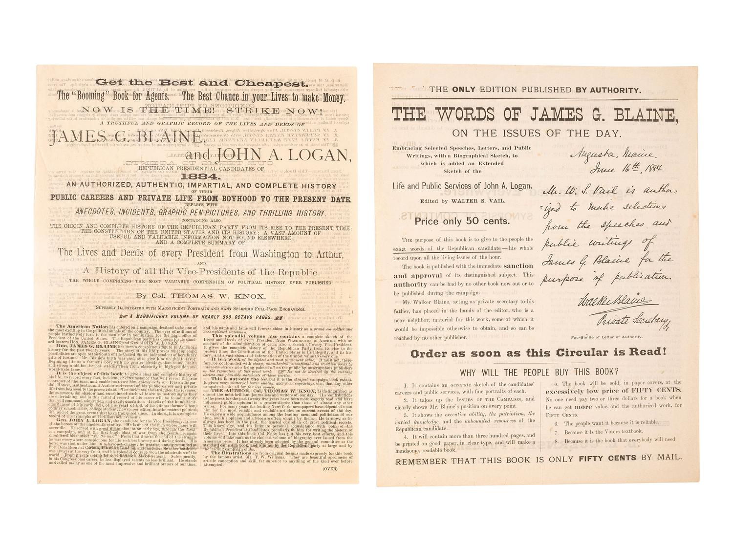 [1884 ELECTION]. -- [BLAINE, James G.]. Broadsides from the 1884 Blaine and Logan campaign, comprising: