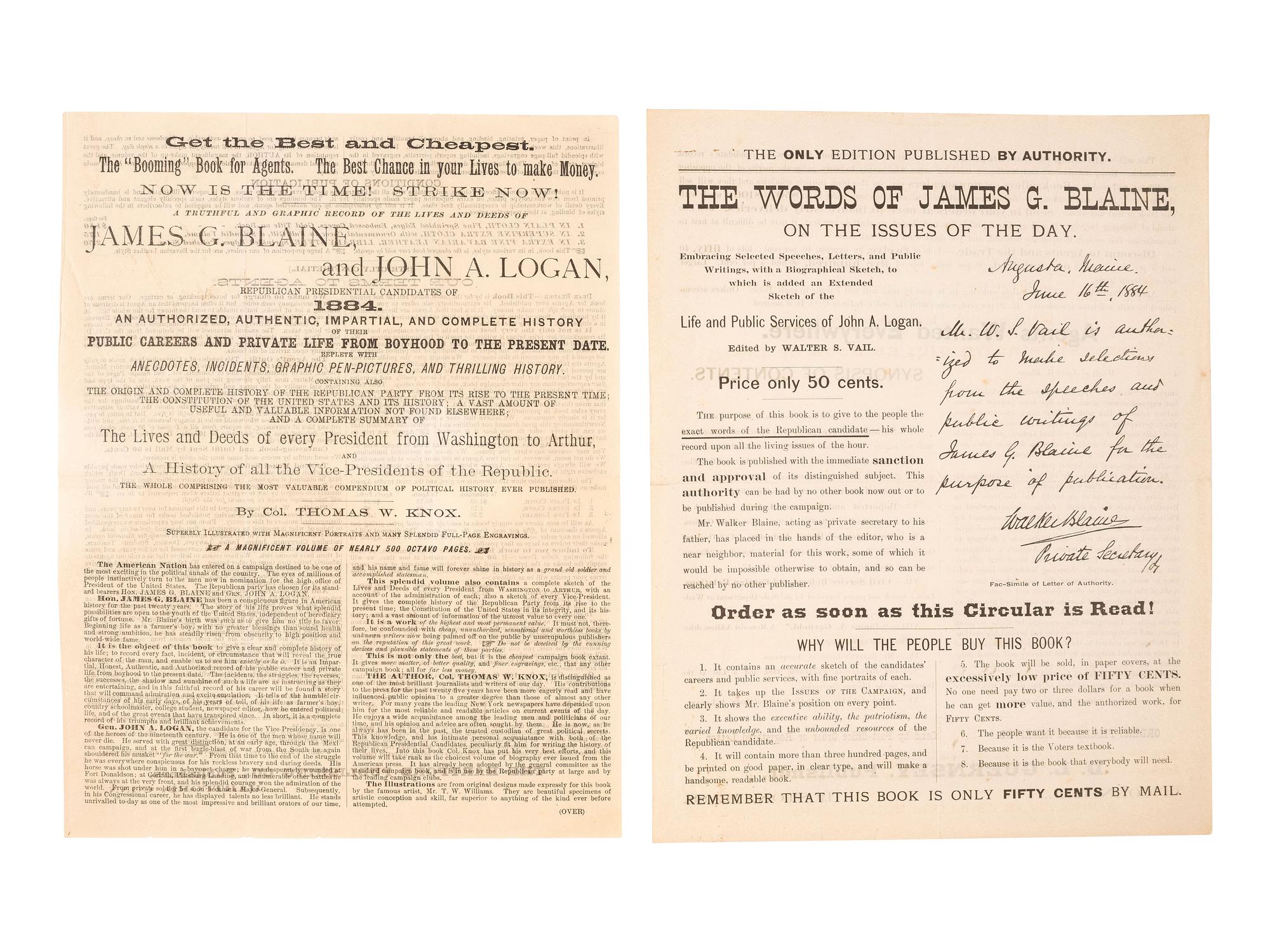 [1884 ELECTION]. -- [BLAINE, James G.]. Broadsides from the 1884 Blaine and Logan campaign, comprising: